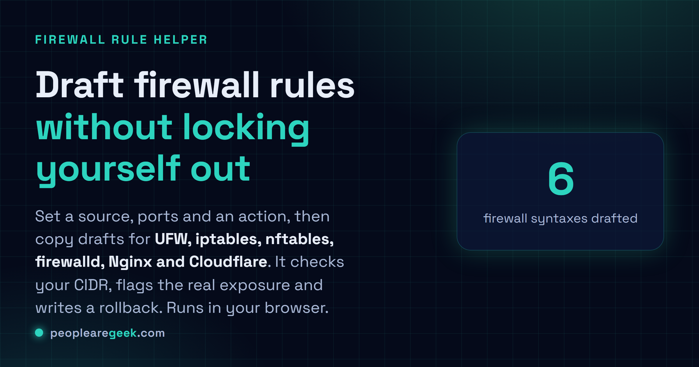 Assistant de règles firewall: Rédige des règles UFW, iptables, nftables, firewalld, Nginx et Cloudflare avec une vérification CIDR, une revue de risque et un rollback prêt, le tout dans ton navigateur.