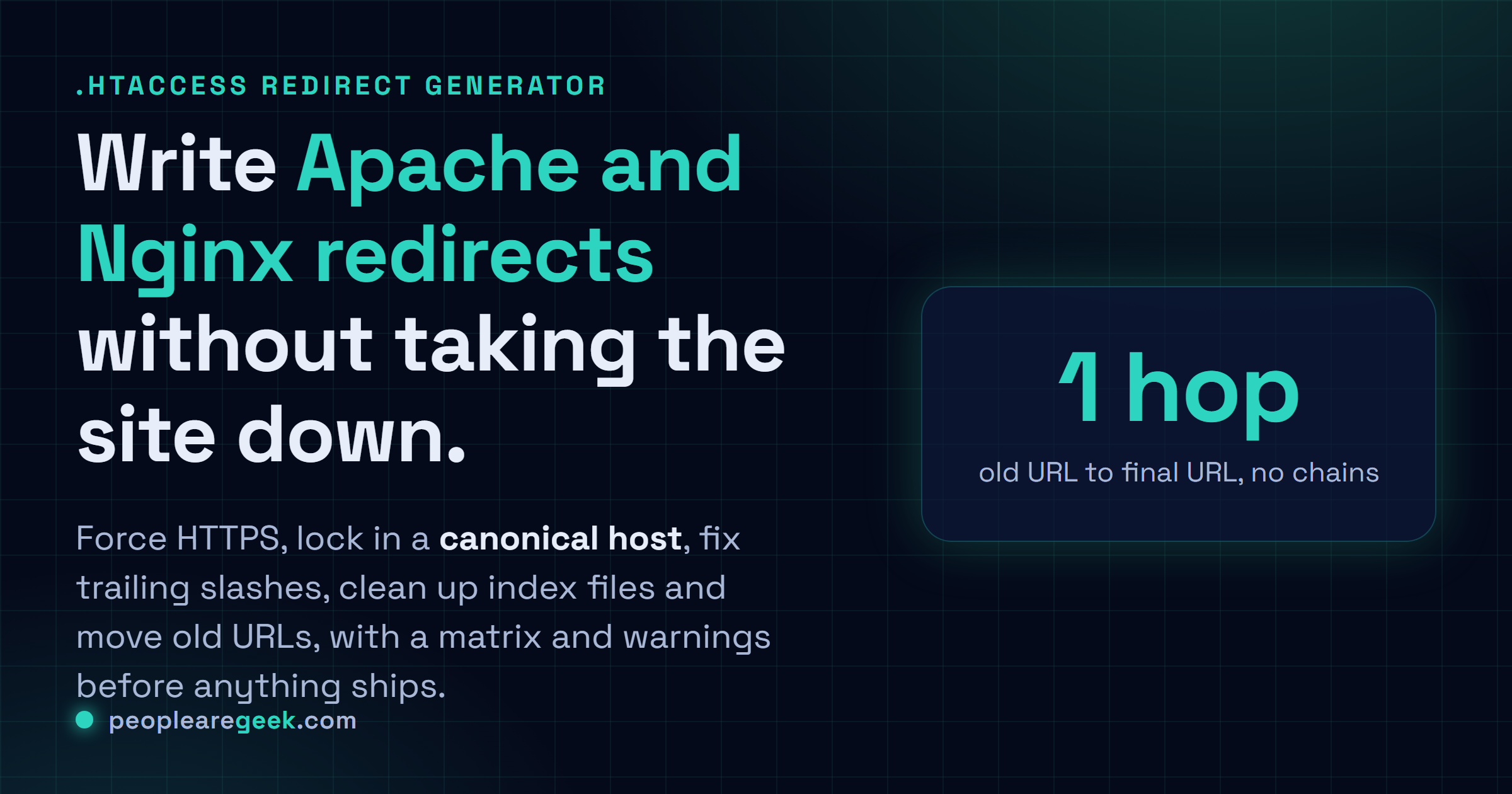 Générateur de redirections .htaccess: Génère des règles de redirection Apache .htaccess et Nginx pour le HTTPS, l'hôte canonique, les slashs finaux et les déplacements d'anciennes URL.
