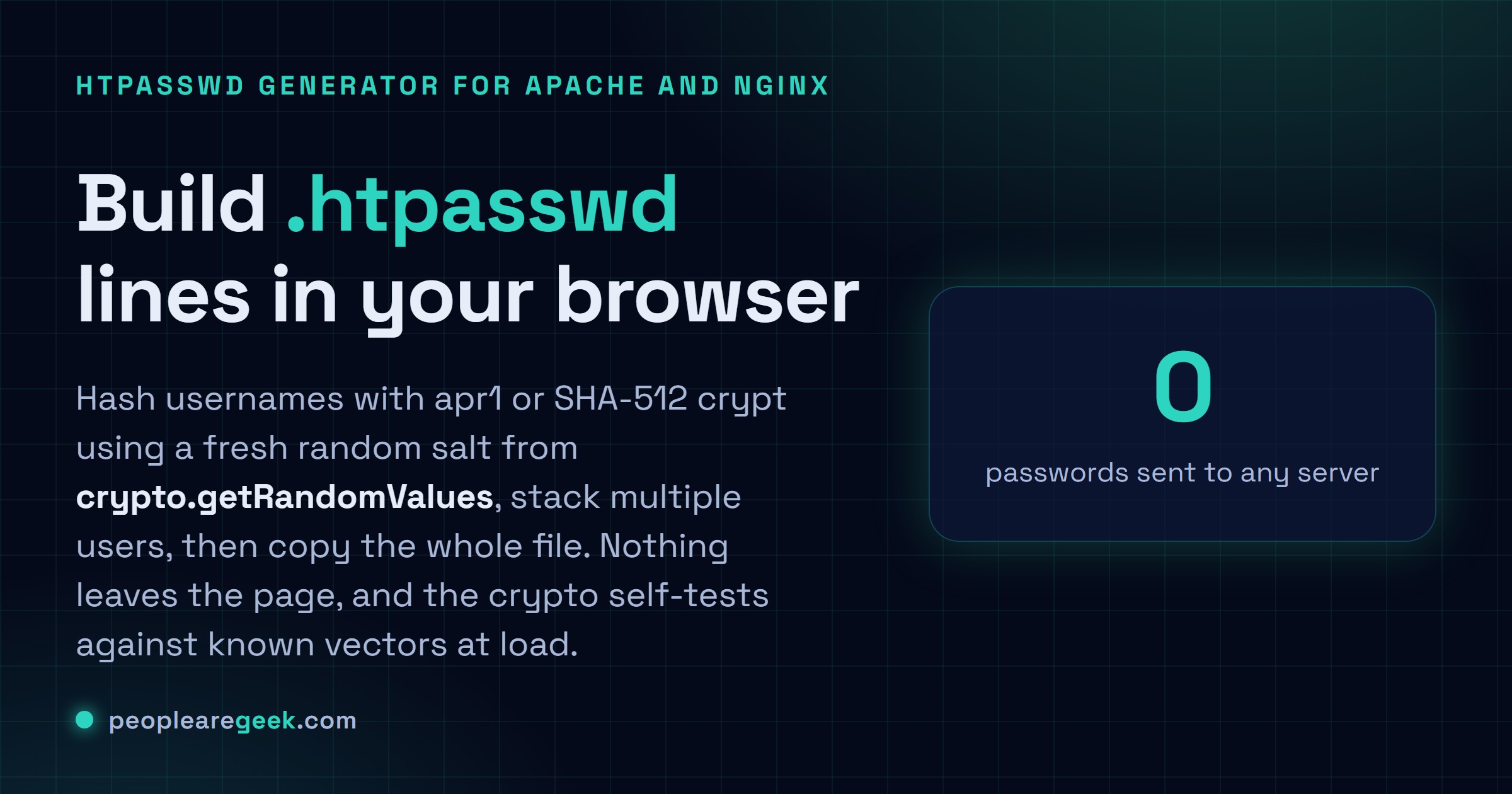 Générateur htpasswd: Générez des lignes .htpasswd pour Apache et nginx dans votre navigateur, avec apr1 et SHA-512 crypt, salts aléatoires et snippets prêts à copier.