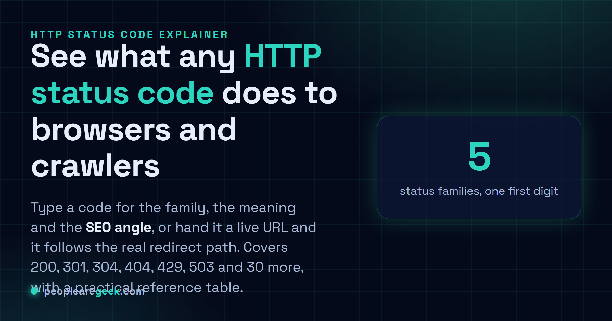 Explicateur de codes de statut HTTP: Tape n'importe quel code de statut HTTP pour voir sa famille, ce qu'il fait aux navigateurs et aux crawlers, et l'angle SEO, avec une table de référence et un check d'URL en direct.