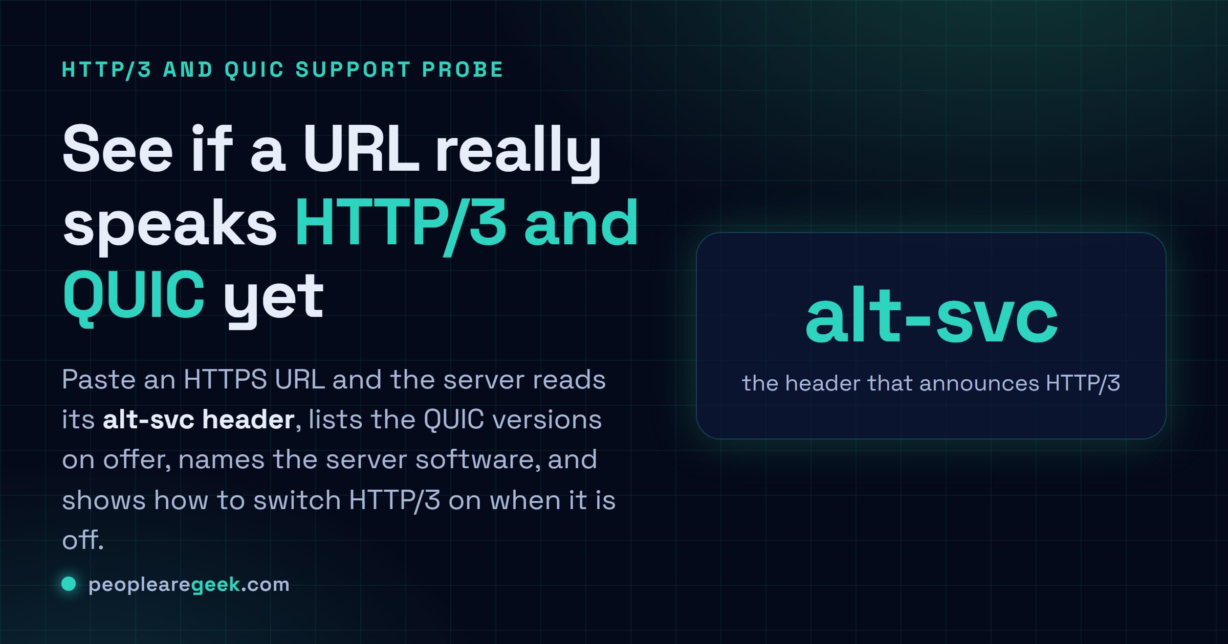 Testeur HTTP/3 et QUIC: Sonde n'importe quelle URL HTTPS pour un vrai support HTTP/3 et QUIC : lit alt-svc, nomme le logiciel serveur et explique comment l'activer.