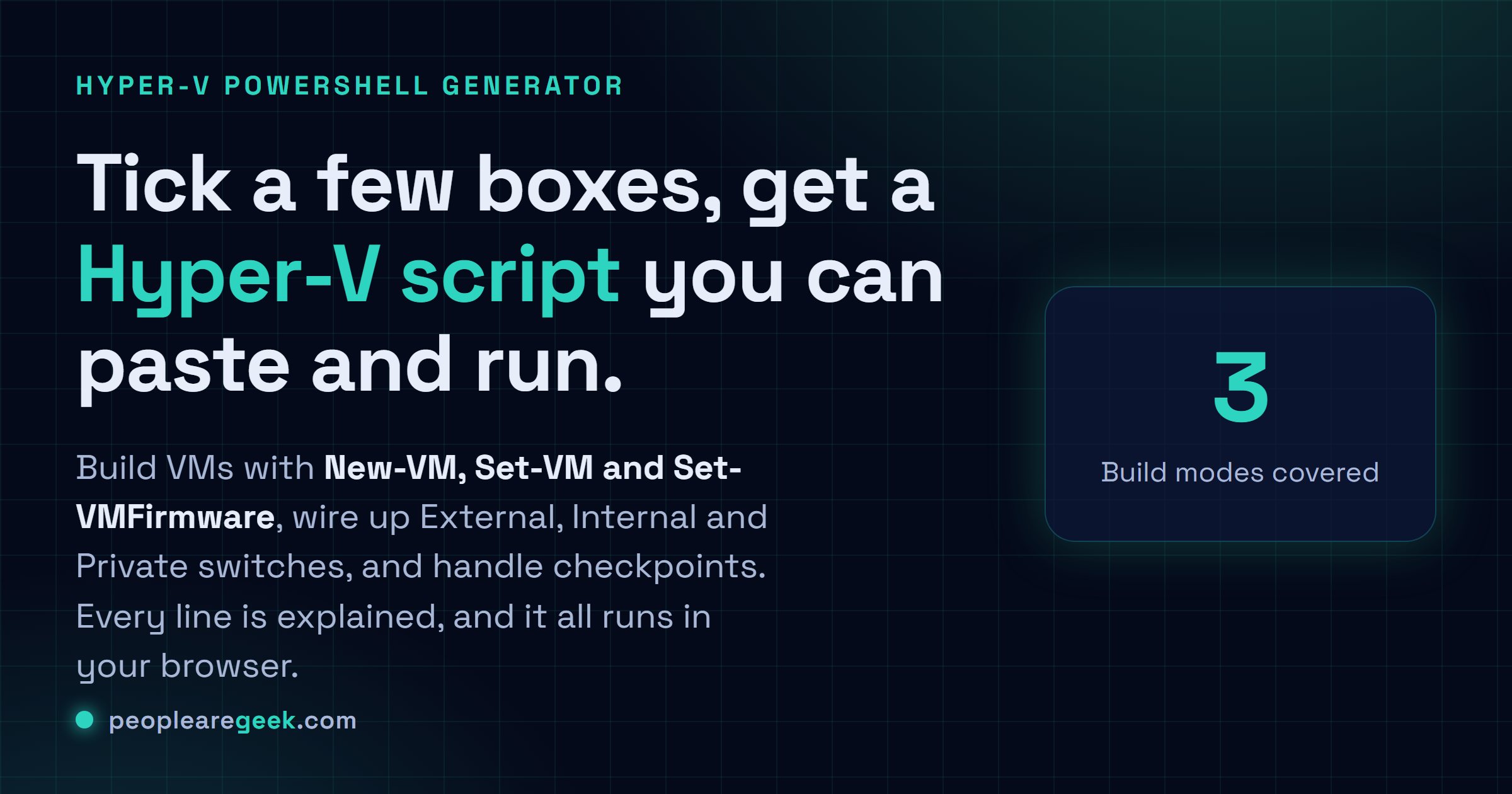 Hyper-V PowerShell Generator: Tick a few boxes, get a Hyper-V PowerShell script you can paste and run. Create VMs, wire up virtual switches, handle checkpoints.