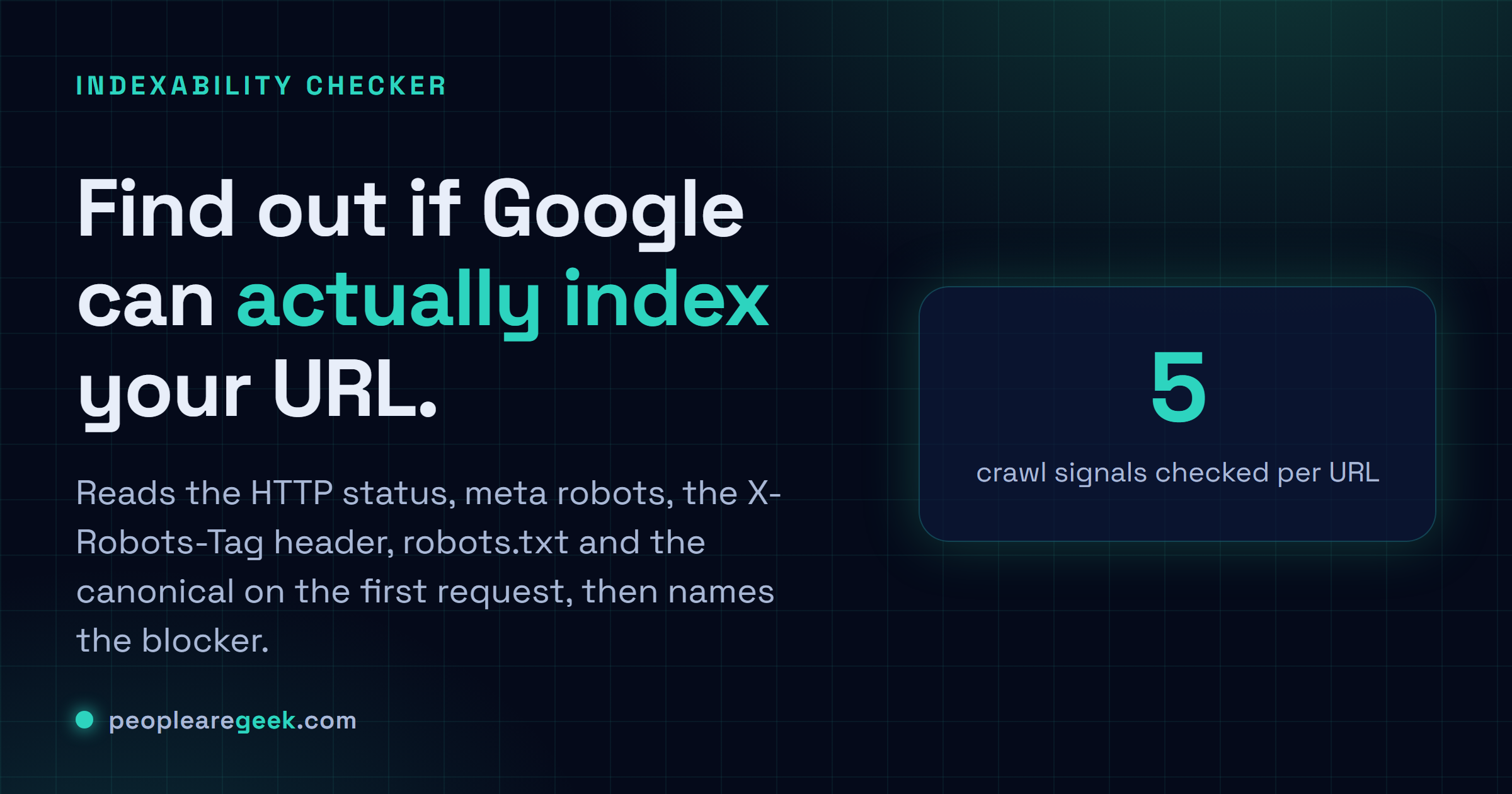 Vérificateur d'indexabilité: Colle une URL et vois si Google peut l'indexer : status HTTP, meta robots, X-Robots-Tag, robots.txt et canonical, avec le blocage nommé.