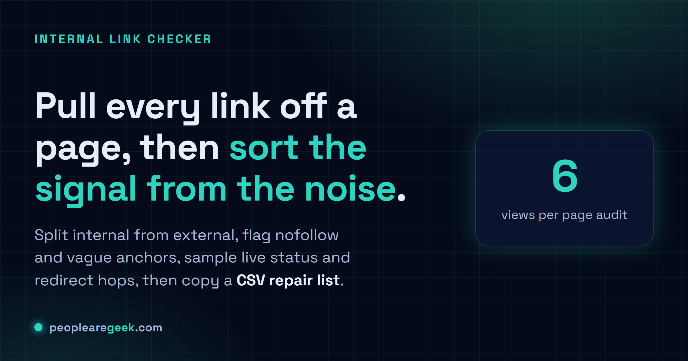 Vérificateur de liens internes: Récupère tous les liens d'une URL publique, sépare l'interne de l'externe, signale les anchors nofollow et vagues, échantillonne le status live et les sauts de redirection, puis copie une liste CSV de réparation.