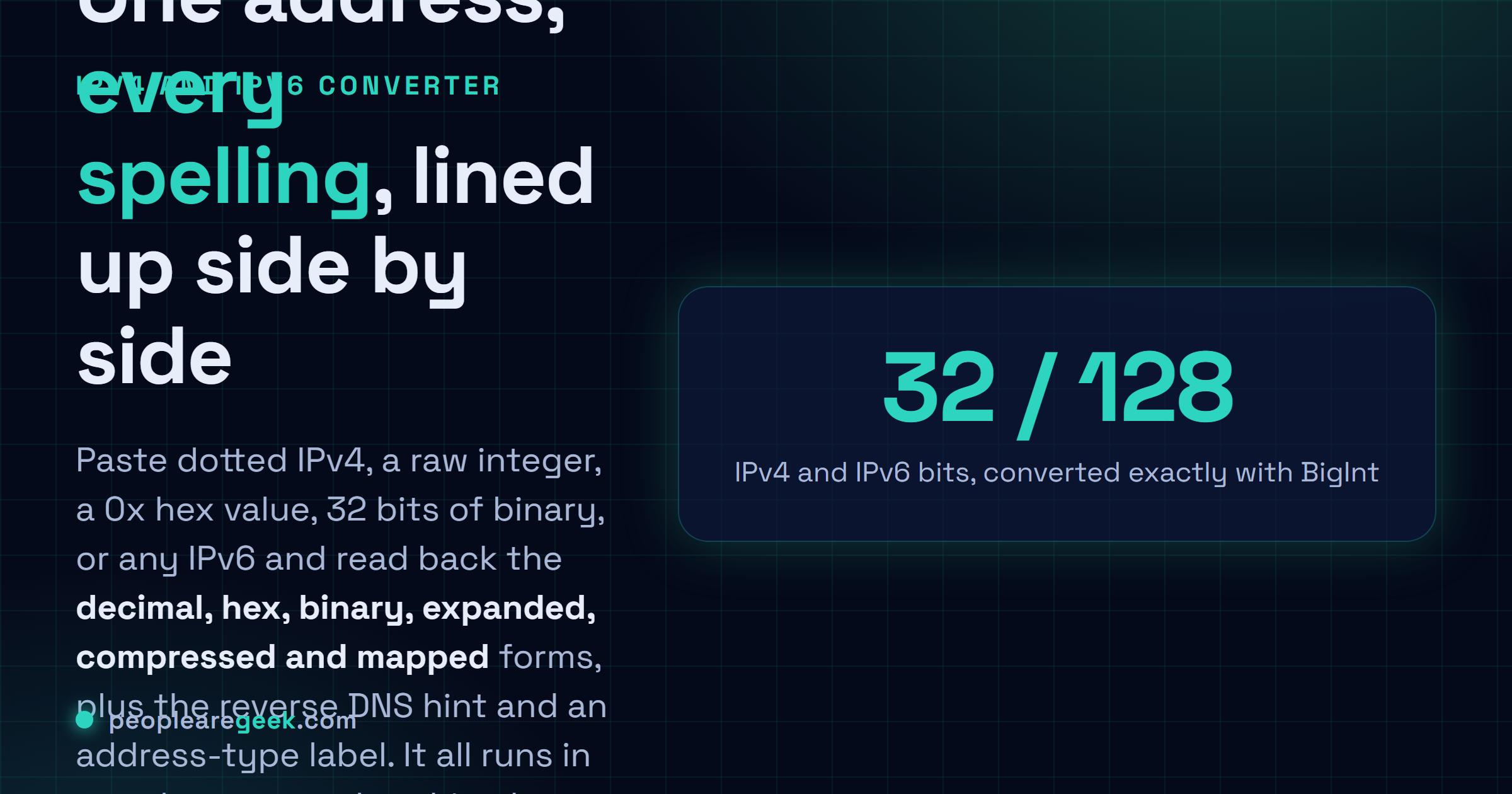 Convertisseur IPv4 et IPv6: Colle une seule adresse et relis chaque forme : notation pointée, entier, hex, binaire, étendue, compressée et mapped.