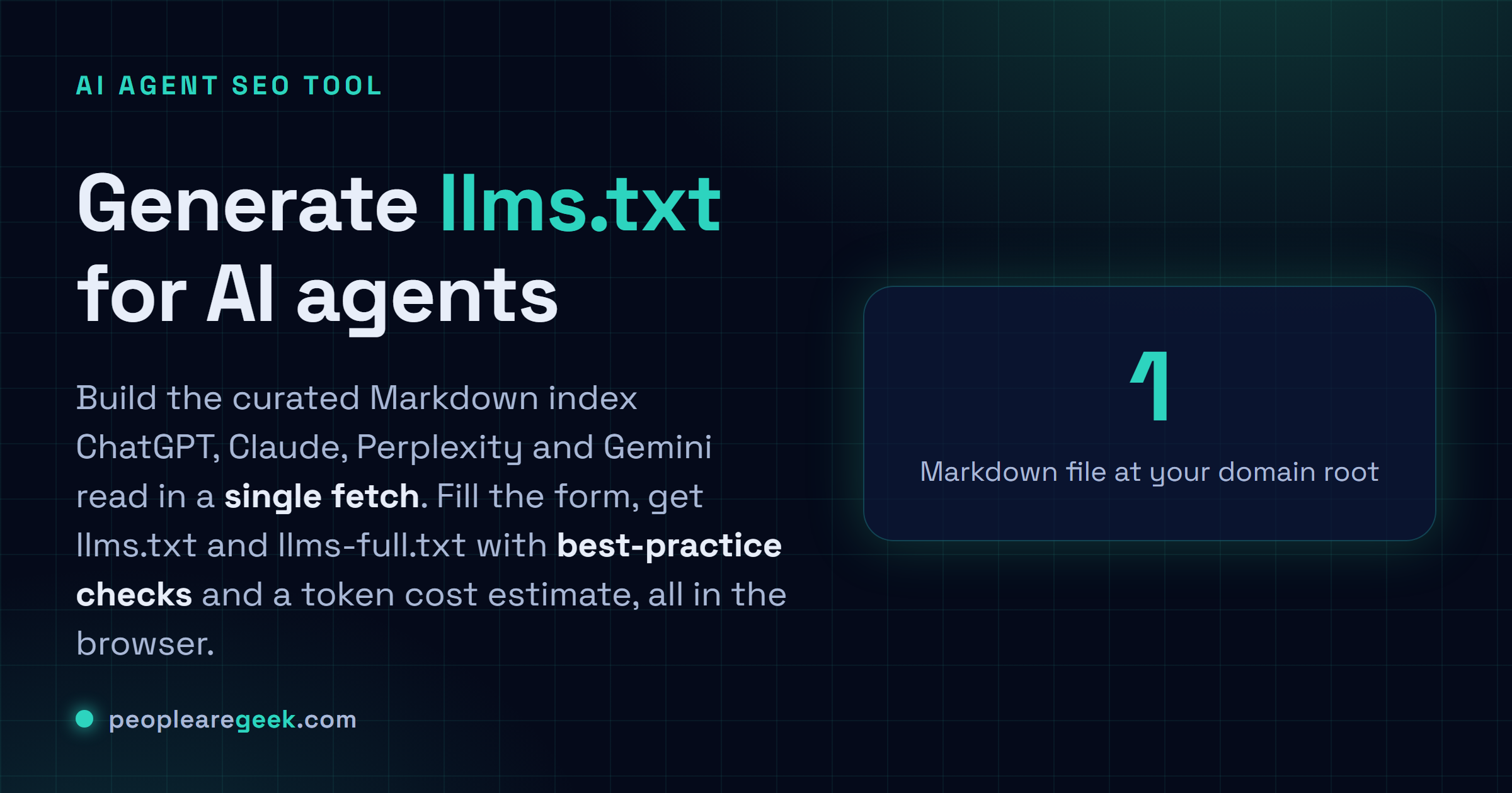 Générateur llms.txt pour agents IA: Construisez l'index Markdown trié que ChatGPT, Claude, Perplexity et Gemini lisent en une seule requête, avec vérifications de bonnes pratiques.