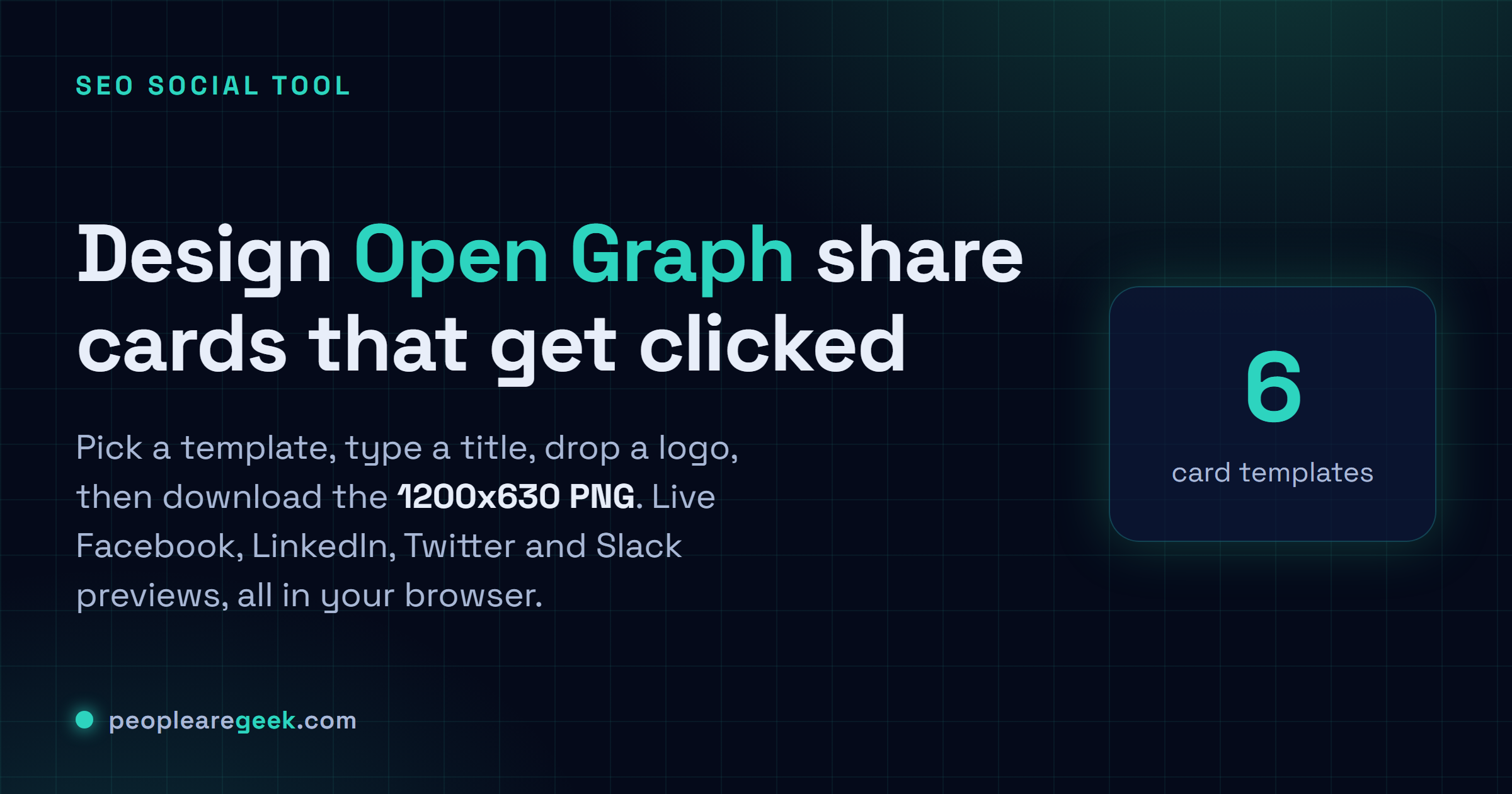 OG Image Preview Studio: Concevez et téléchargez des images de share card Open Graph (PNG 1200x630) dans votre navigateur, avec six templates et des aperçus Facebook, LinkedIn, Twitter et Slack en direct.