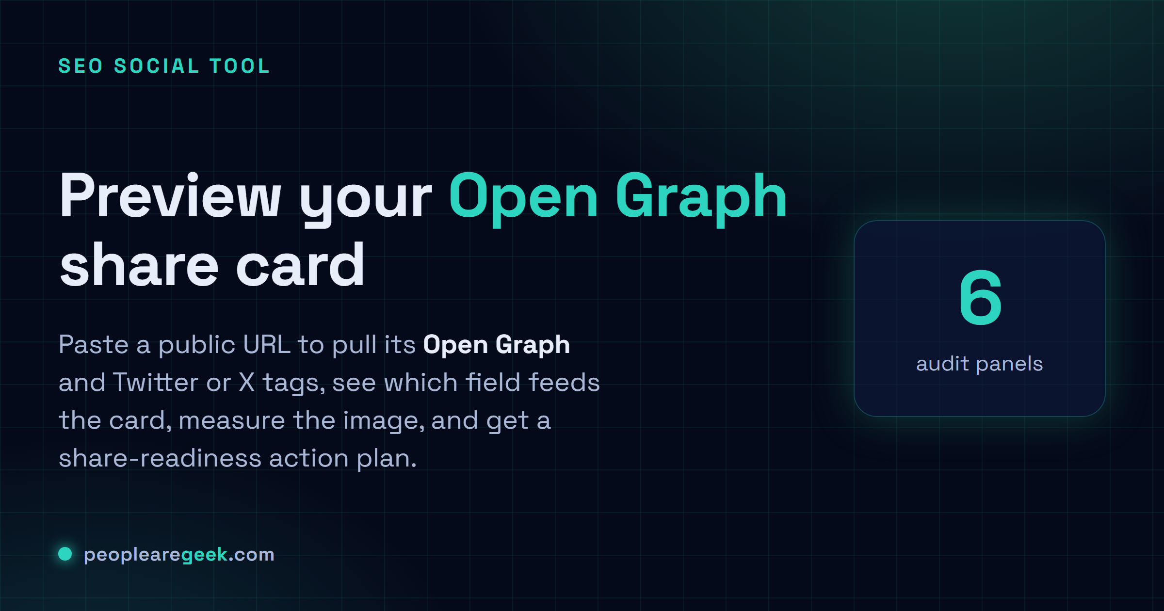 Open Graph Preview: Paste a public URL to preview its Open Graph and Twitter or X share cards, see which field feeds the card, measure the image, and get an action plan.