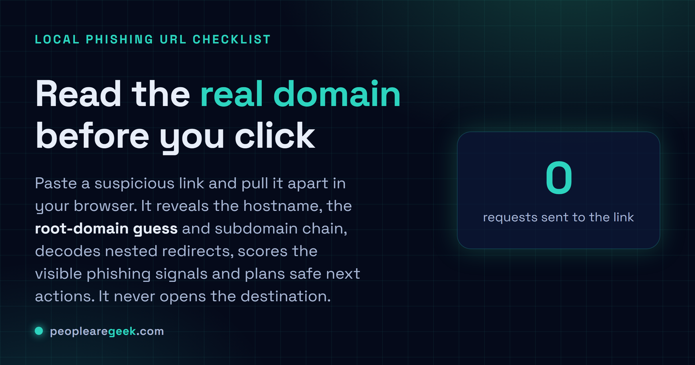 Checklist d'URL de phishing: Colle un lien suspect, lis le vrai hostname et les indices de domaine racine, décode les redirections imbriquées, note les signaux de phishing et planifie les actions sûres.