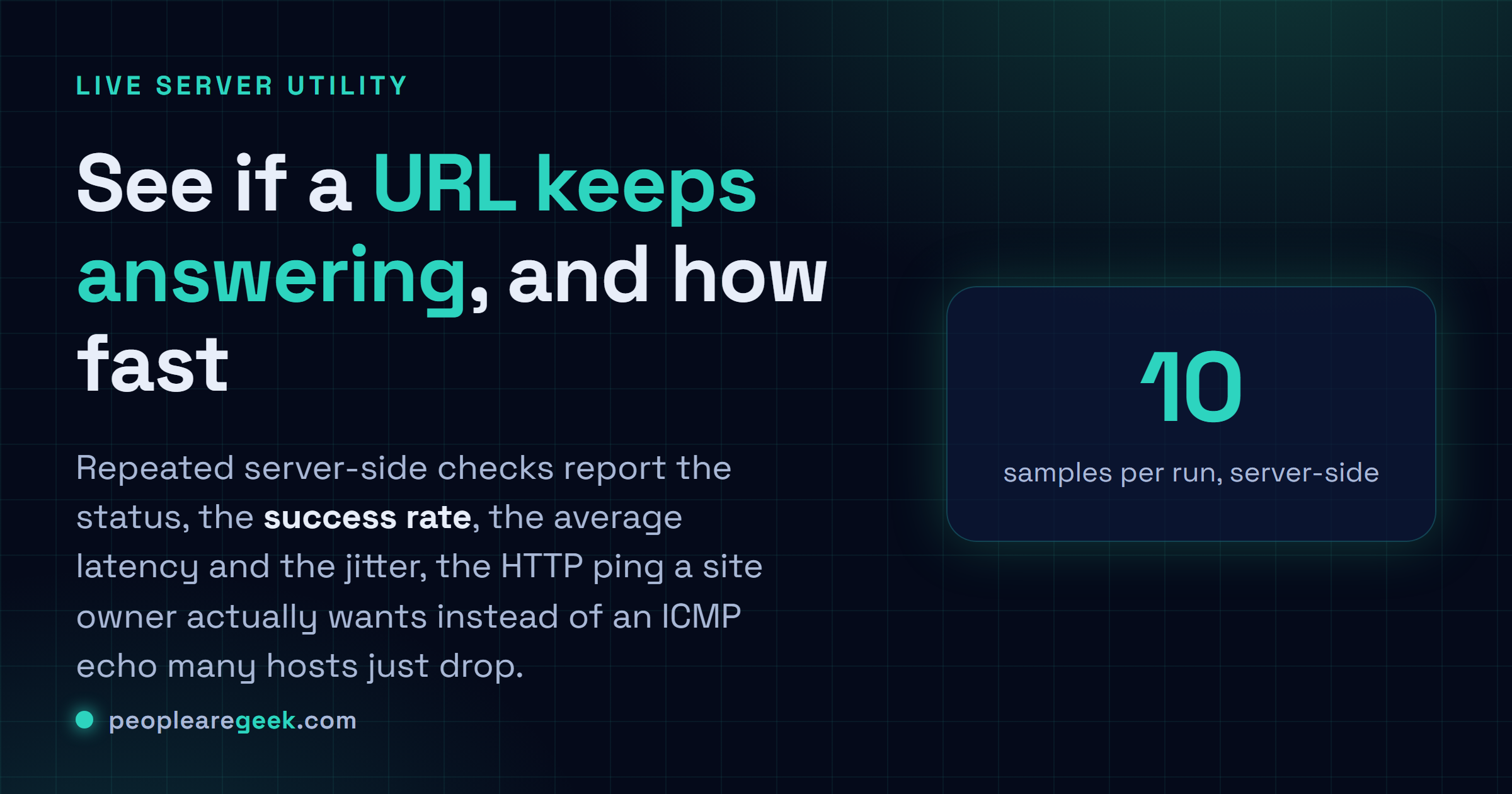 Ping Test HTTP: Lance des checks HTTP répétés sur une URL et lis le status, le taux de réussite, la latence moyenne et le jitter.