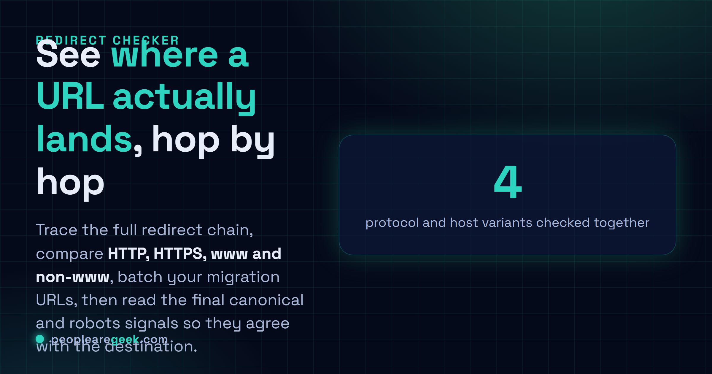 Redirect Checker: Trace une chaîne de redirections hop par hop, compare HTTP, HTTPS, www et non www, traite tes URL de migration en lot, puis lis le canonical final et les signaux robots.