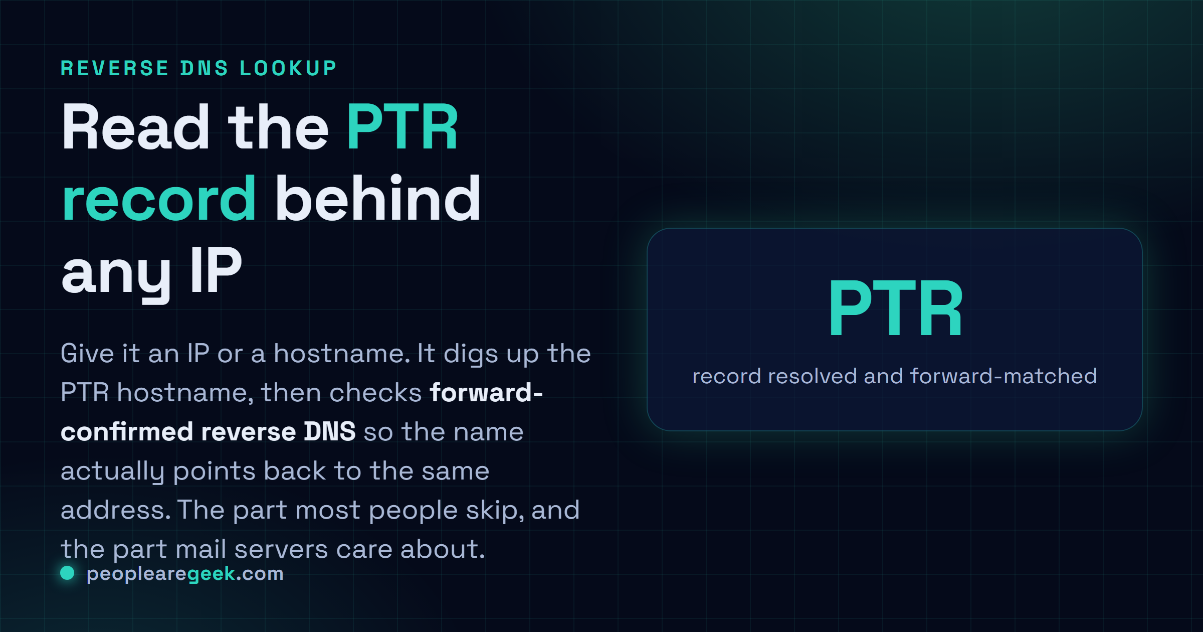 Reverse DNS Lookup: Tapez une IP ou un hostname, lisez l'enregistrement PTR et vérifiez si le nom repointe vers la même adresse.