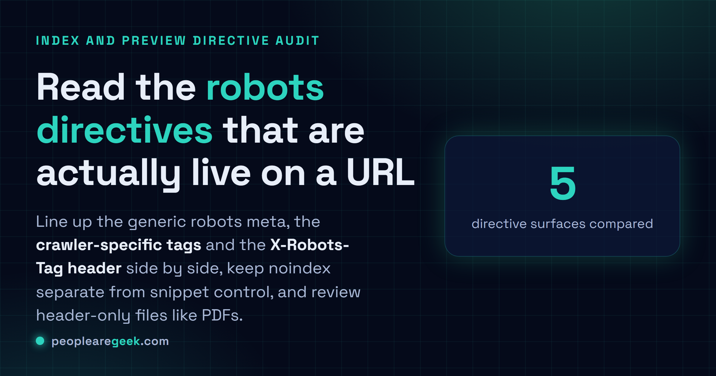Robots Meta Checker: Lisez les robots meta tags et le header X-Robots-Tag de n'importe quelle URL, alignez les directives propres à chaque crawler, et gardez le contrôle de l'indexation séparé du contrôle des snippets.