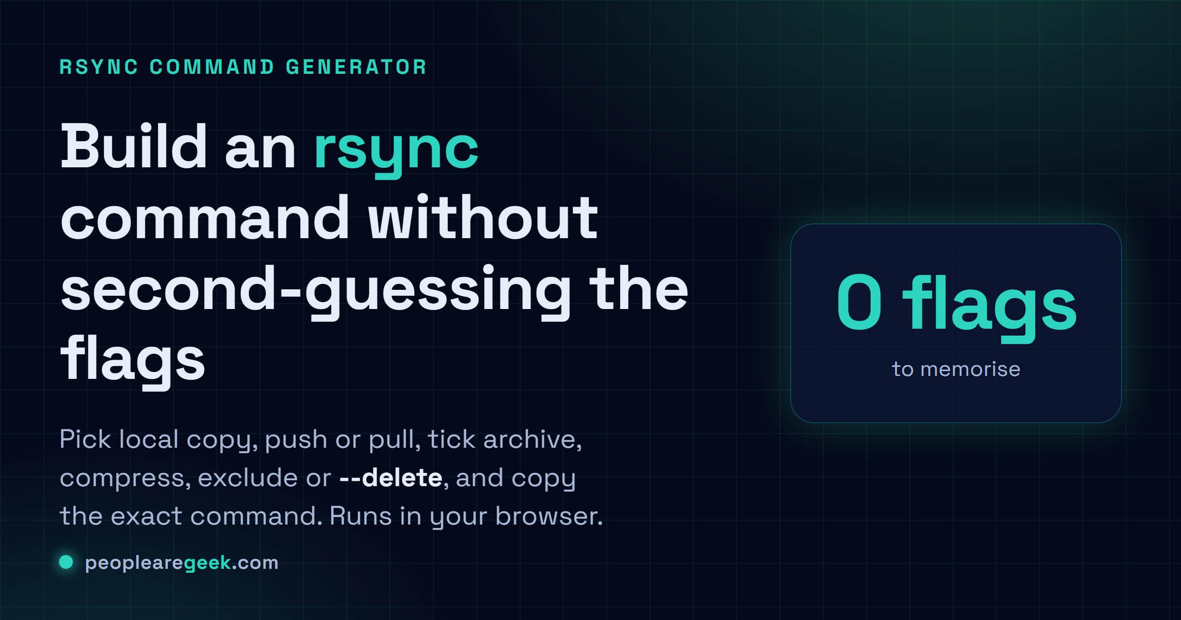 Générateur de commande rsync: Construisez des commandes rsync pour copies locales, sauvegardes et transferts SSH, chaque flag expliqué.
