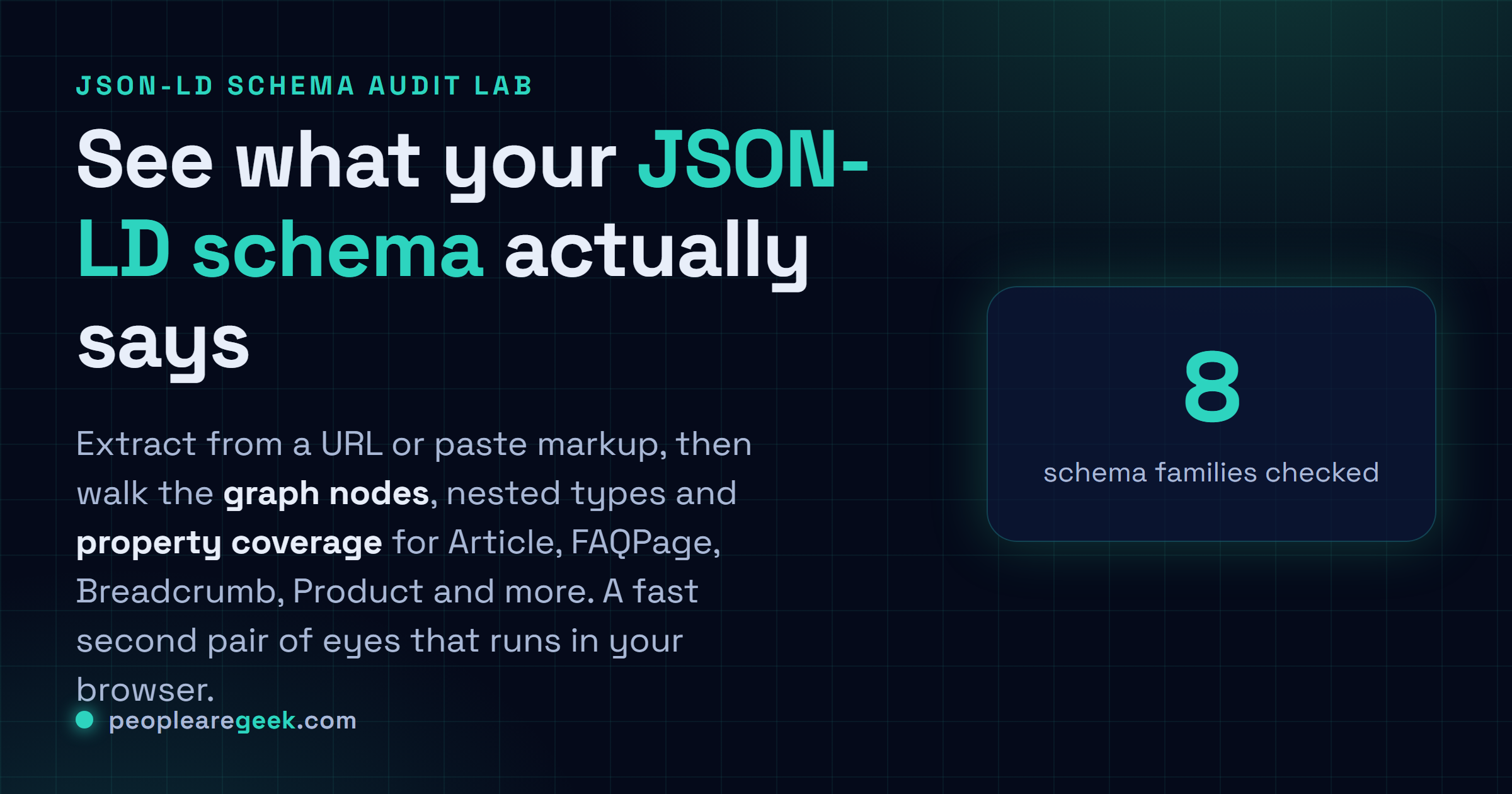 Validateur de balisage Schema: Extrais le JSON-LD d'une URL ou d'un markup collé, parcours les nodes du graph et les types imbriqués, et lis la couverture des propriétés des familles de schemas courantes.