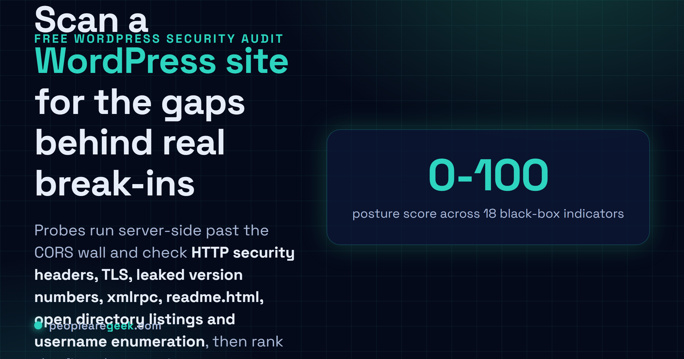 SecuChecker WordPress Security Scanner: Free WordPress security scan that pokes at the gaps behind most real break-ins, then hands back a posture score and a fix list ranked by severity.