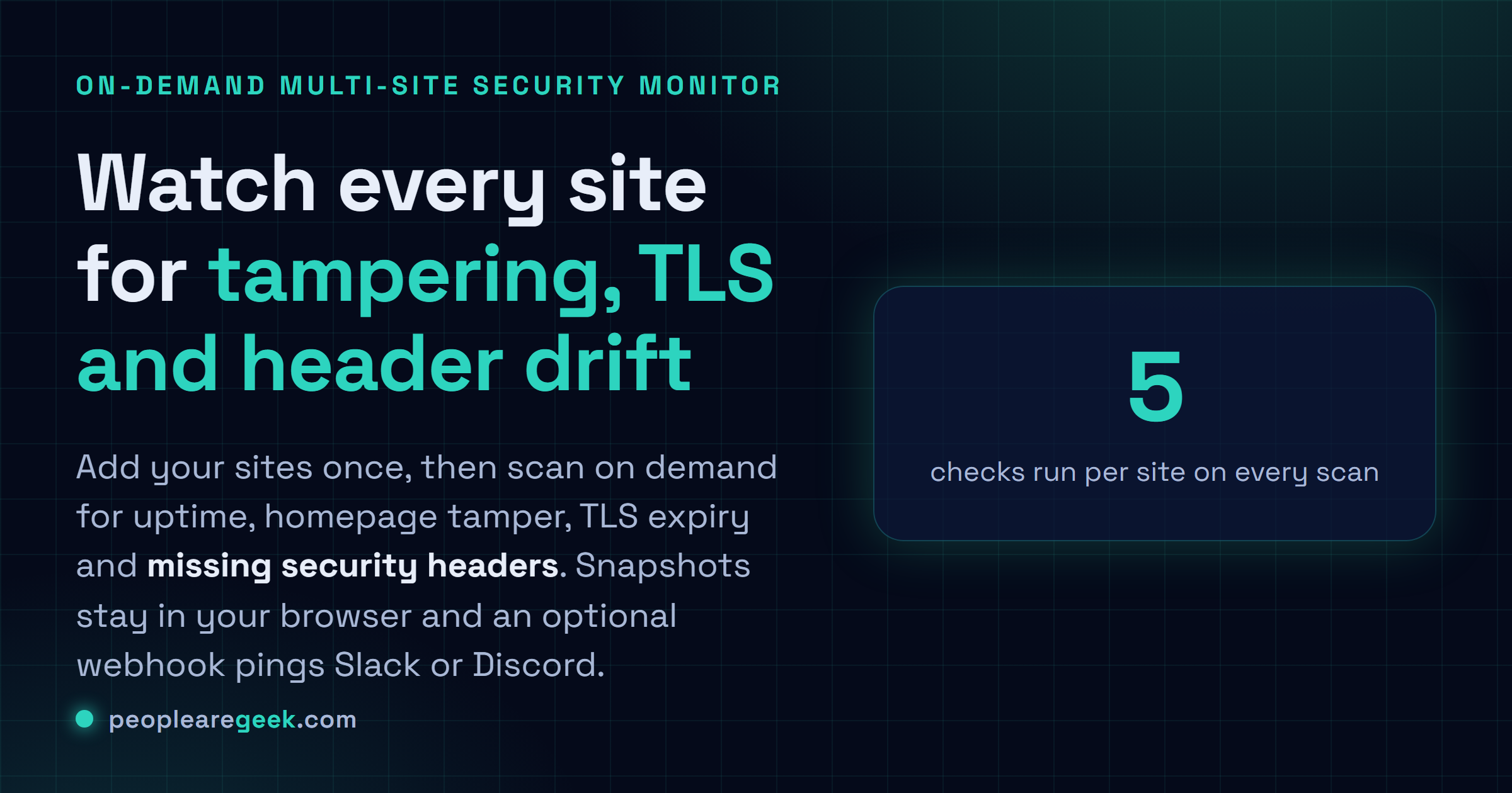 SecurityWatch moniteur multi-sites: Surveille une liste de sites de cinq façons en même temps : uptime, page d'accueil trafiquée, expiration TLS, security headers manquants et drift WordPress, avec un webhook optionnel.