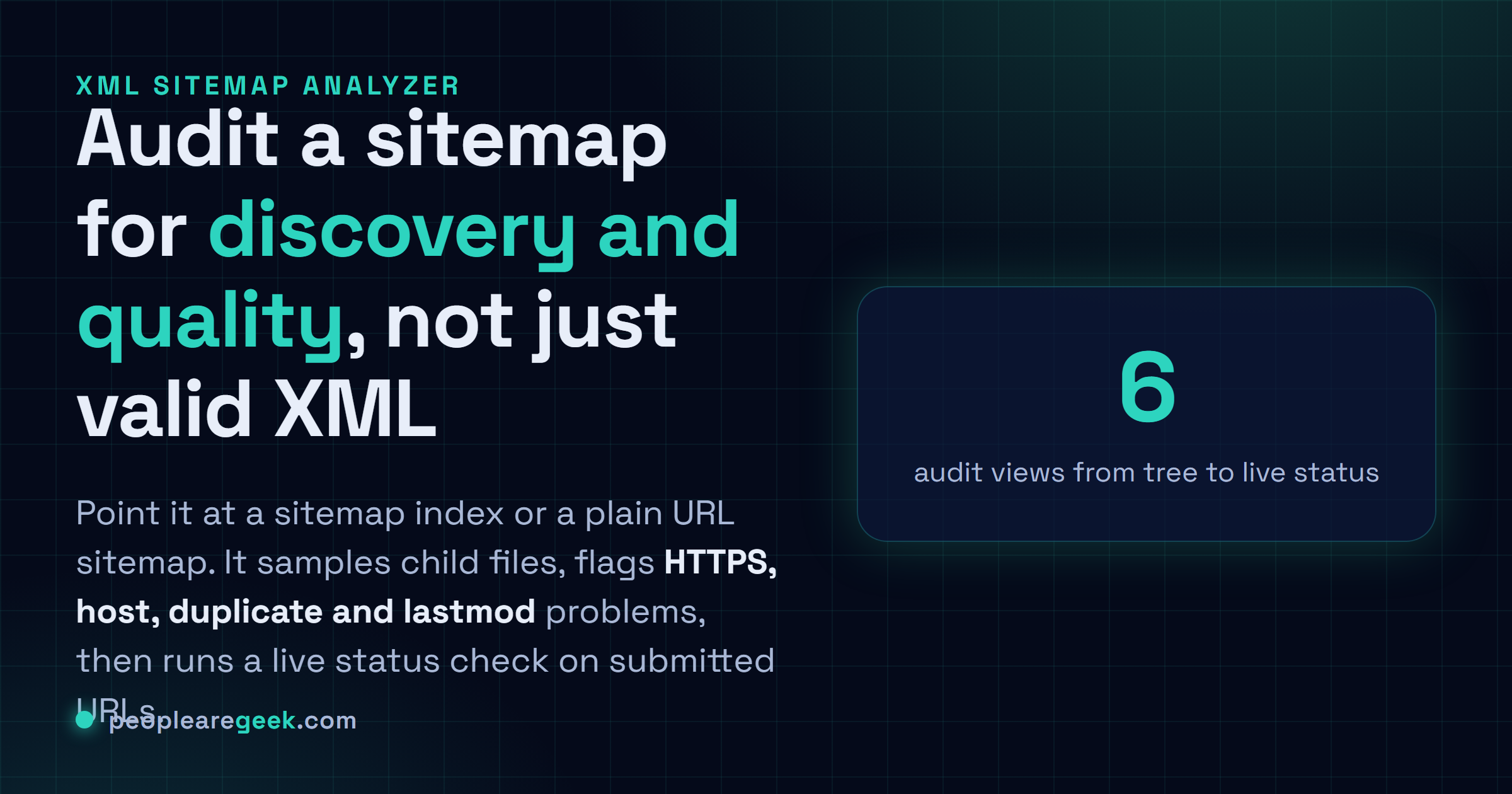Analyseur de sitemap XML: Pointe-le vers un sitemap index ou un simple sitemap d'URL, échantillonne les fichiers enfants, signale les problèmes d'hygiène et lance un contrôle de statut en direct sur les URL soumises.