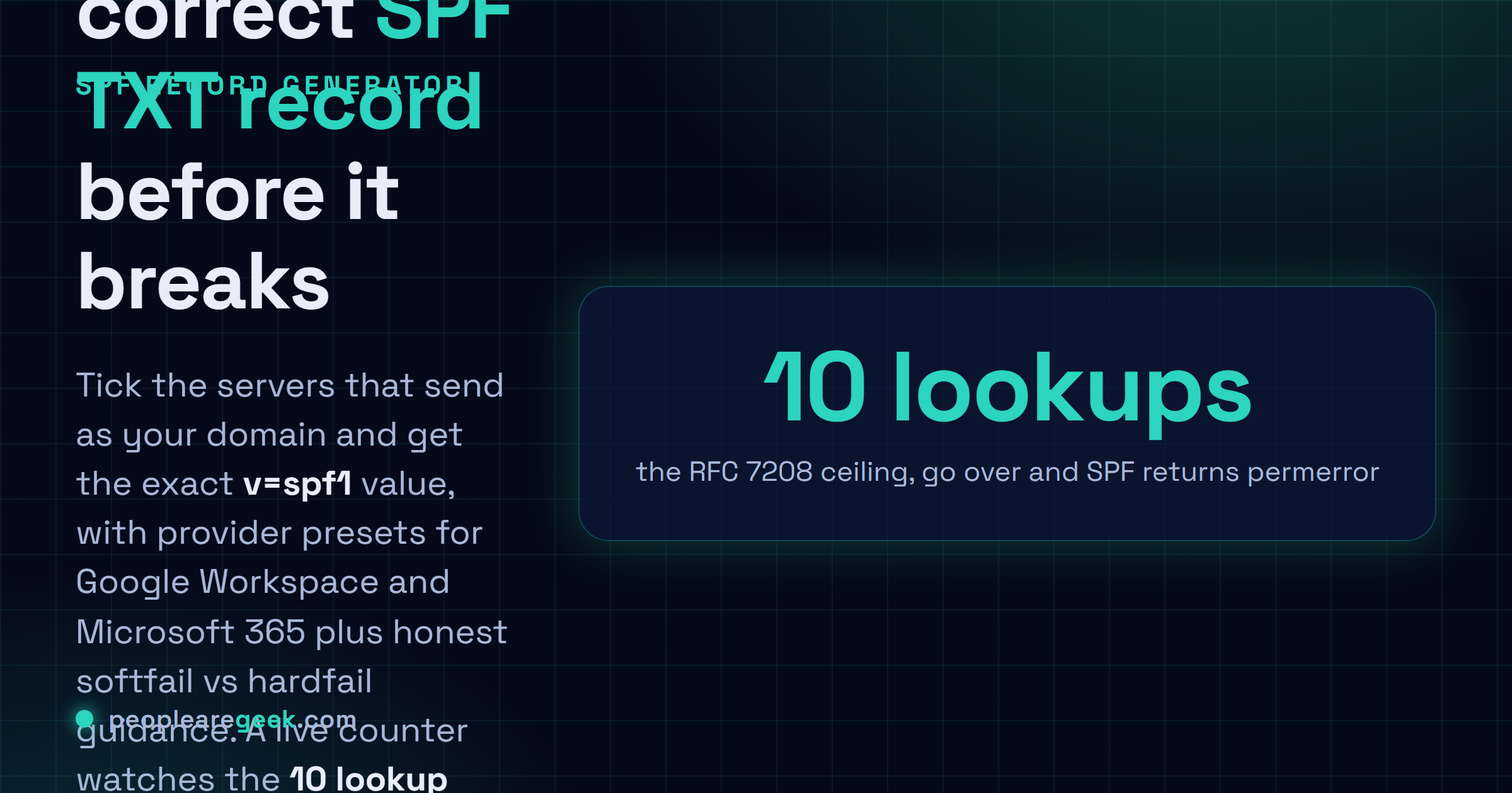 Générateur d'enregistrement SPF: Construisez un enregistrement SPF TXT correct avec presets fournisseurs et un compteur de lookups DNS en direct qui alerte avant le mur des 10 lookups.