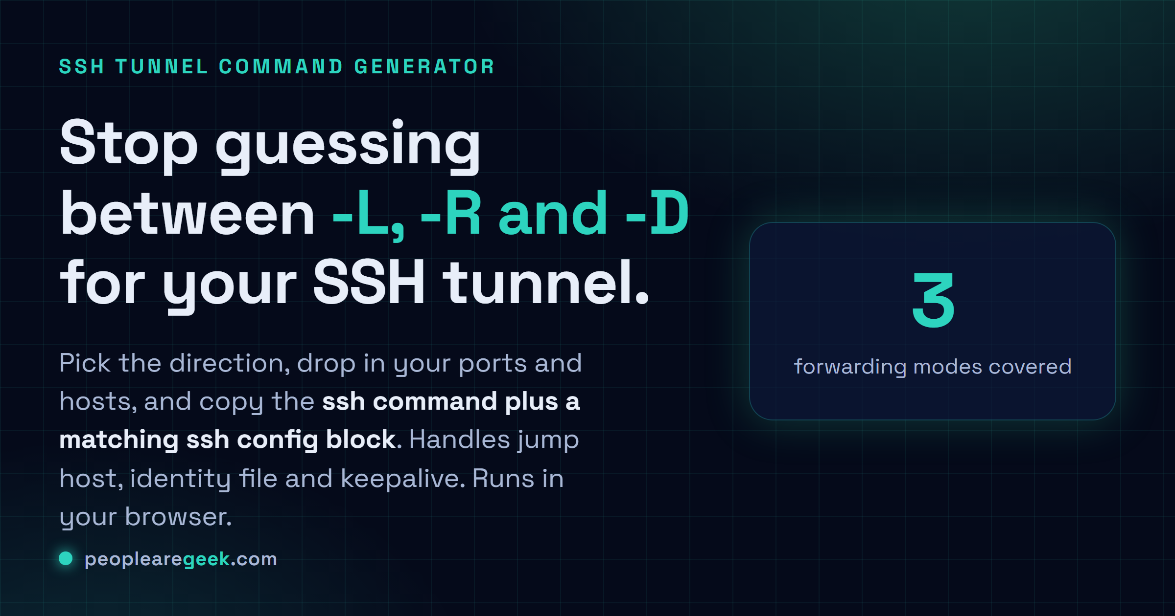 Générateur de commandes de tunnel SSH: Choisis une direction, glisse tes ports et tes hosts, et copie la commande de tunnel ssh plus un bloc ssh config assorti.