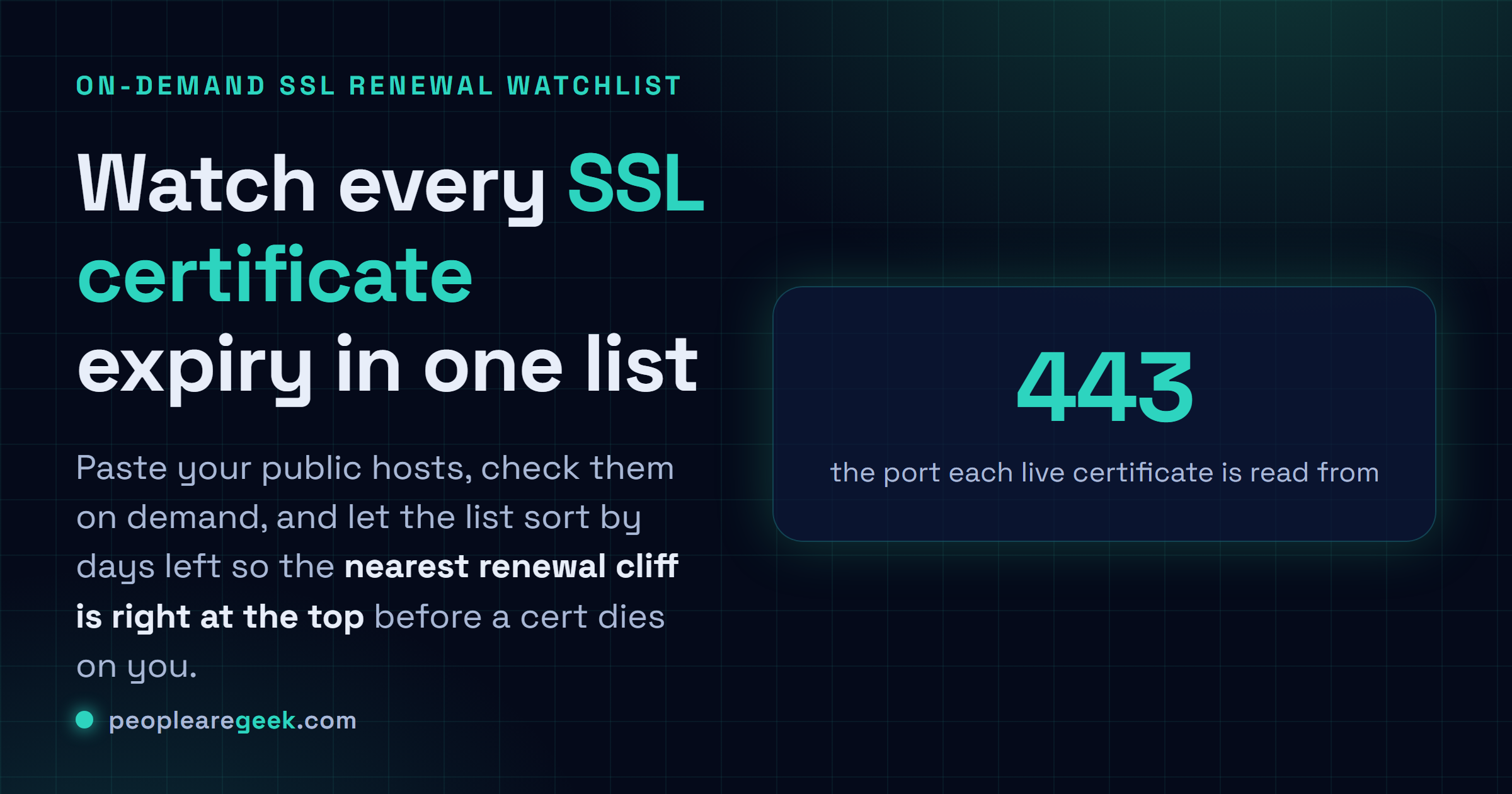 SSL Expiry Monitor: Colle une liste de hosts et vérifie leurs SSL certs dans une seule watchlist qui se trie par days left, avec plan de renouvellement et rapport CSV.