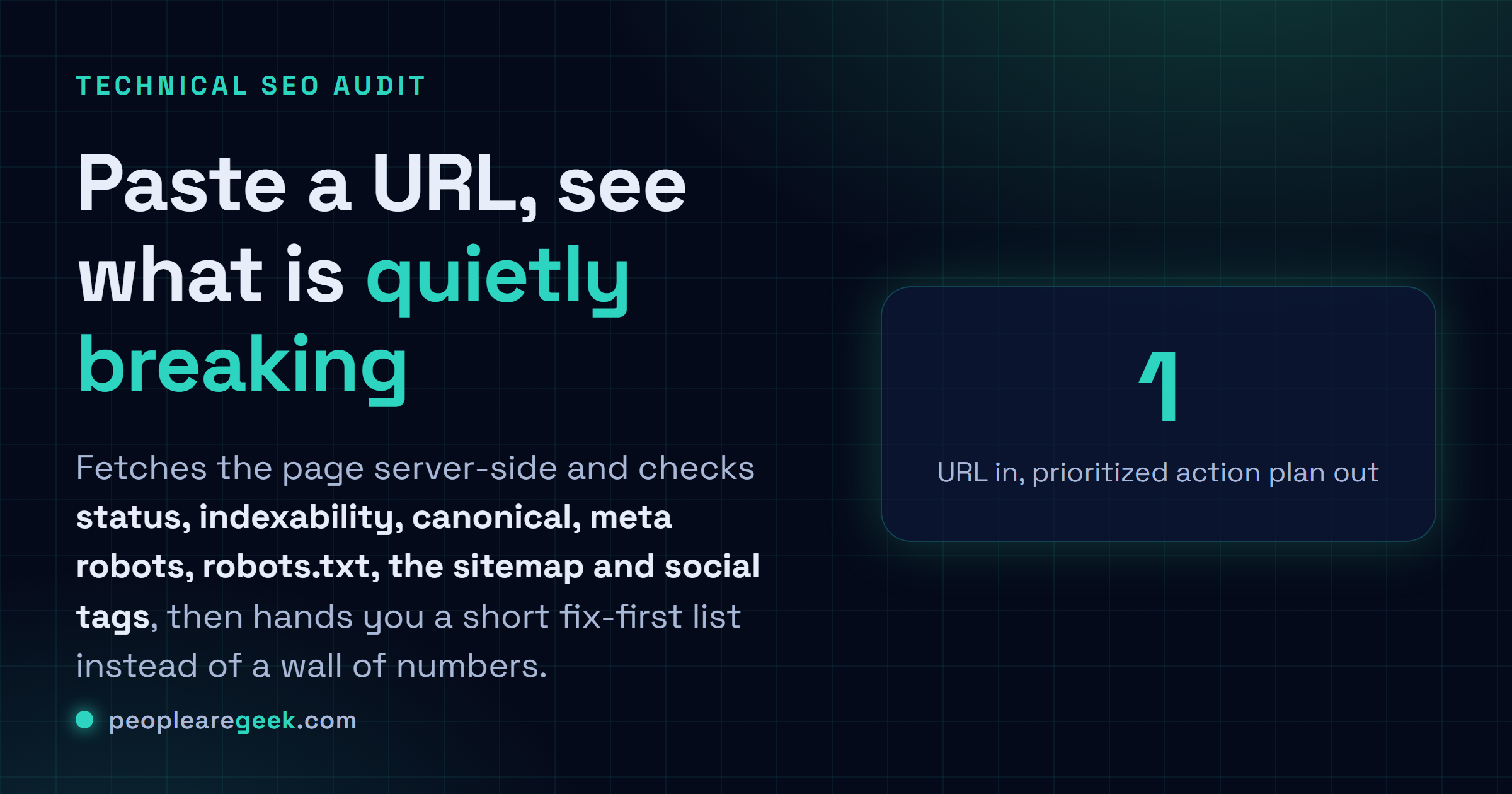 Outil d'audit SEO technique: Colle une URL en ligne et reçois un audit à corriger en priorité : statut, indexabilité, canonical, meta robots, robots.txt, sitemap et social tags, lus côté serveur.