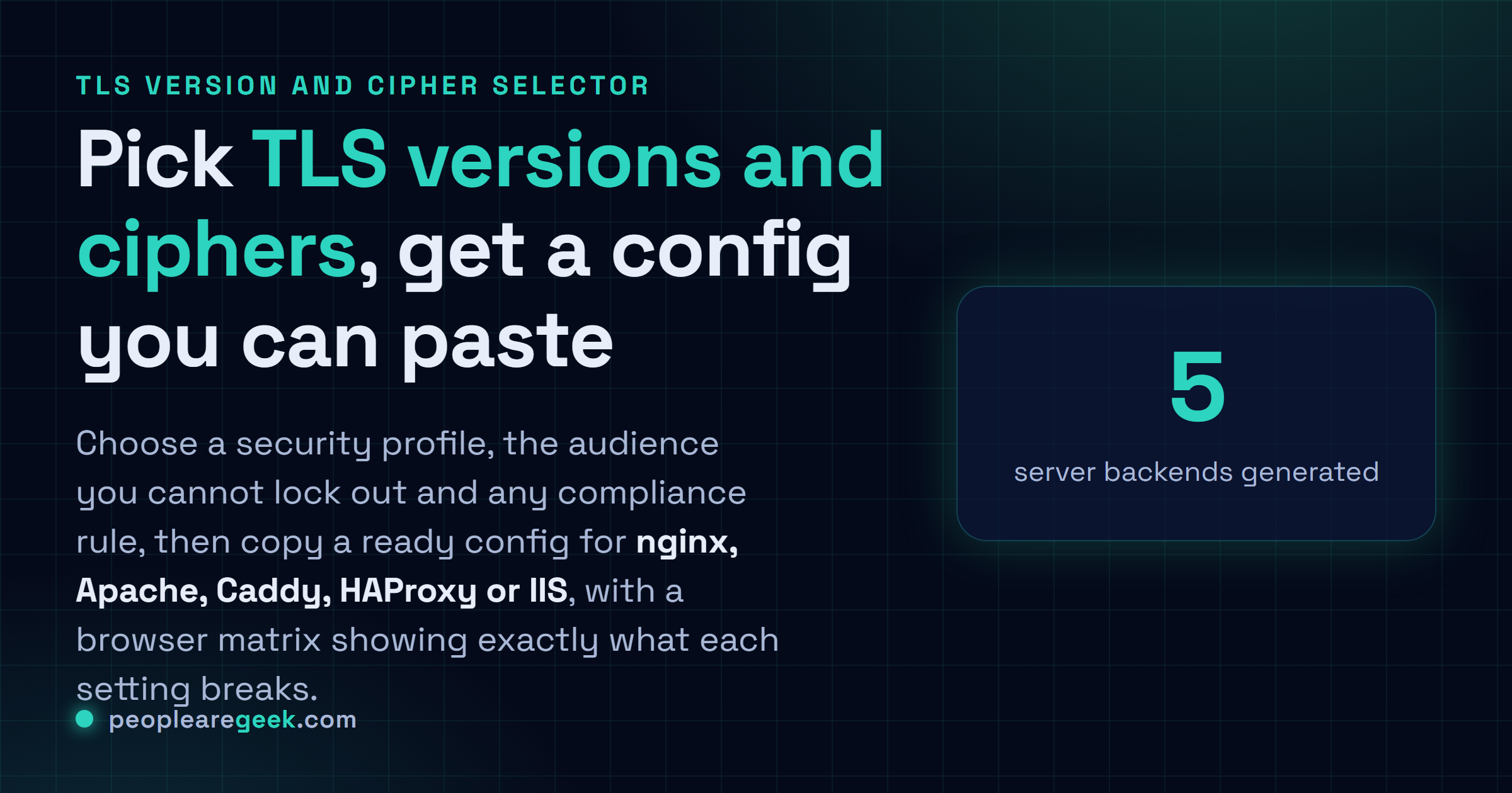 Sélecteur de versions TLS et de ciphers: Choisis tes versions de TLS et tes cipher suites, puis copie une config serveur prête à coller.
