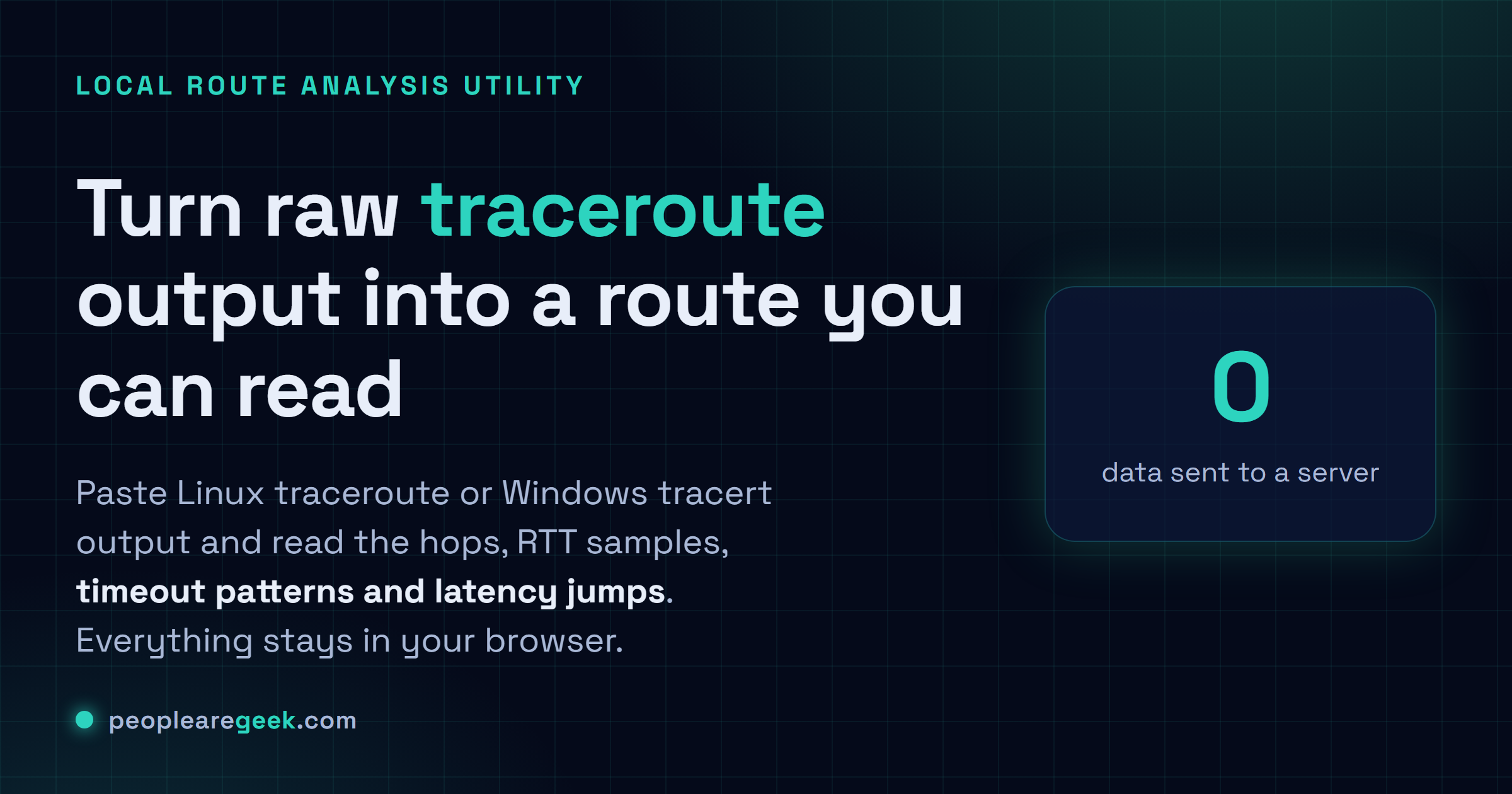 Visualiseur de traceroute: Colle la sortie de traceroute ou tracert et lis les hops, le RTT, les timeouts et les bonds de latency dans un rapport clair.