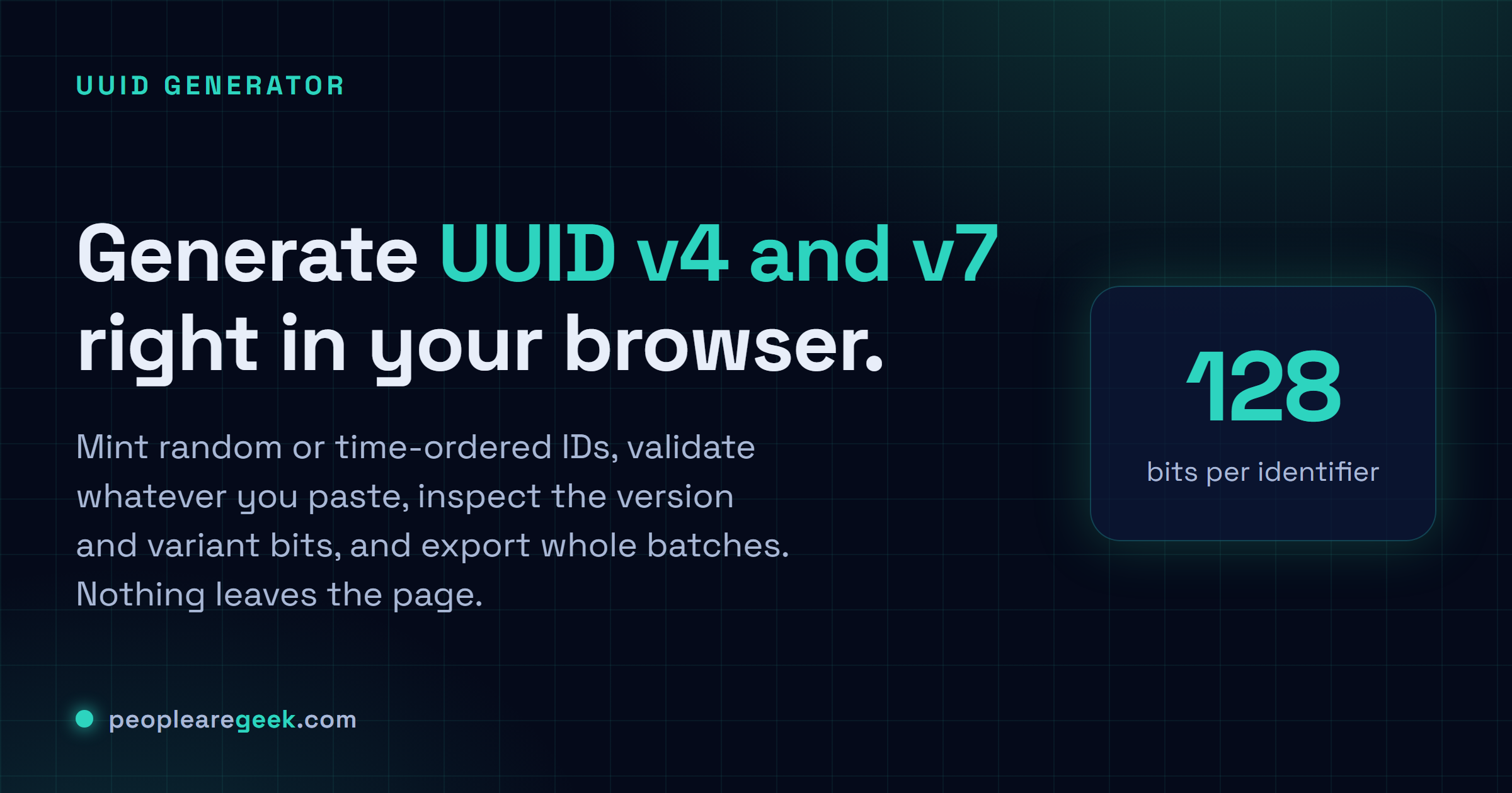 Générateur UUID: Génère des UUID v4 et v7, valide et exporte, le tout en local.
