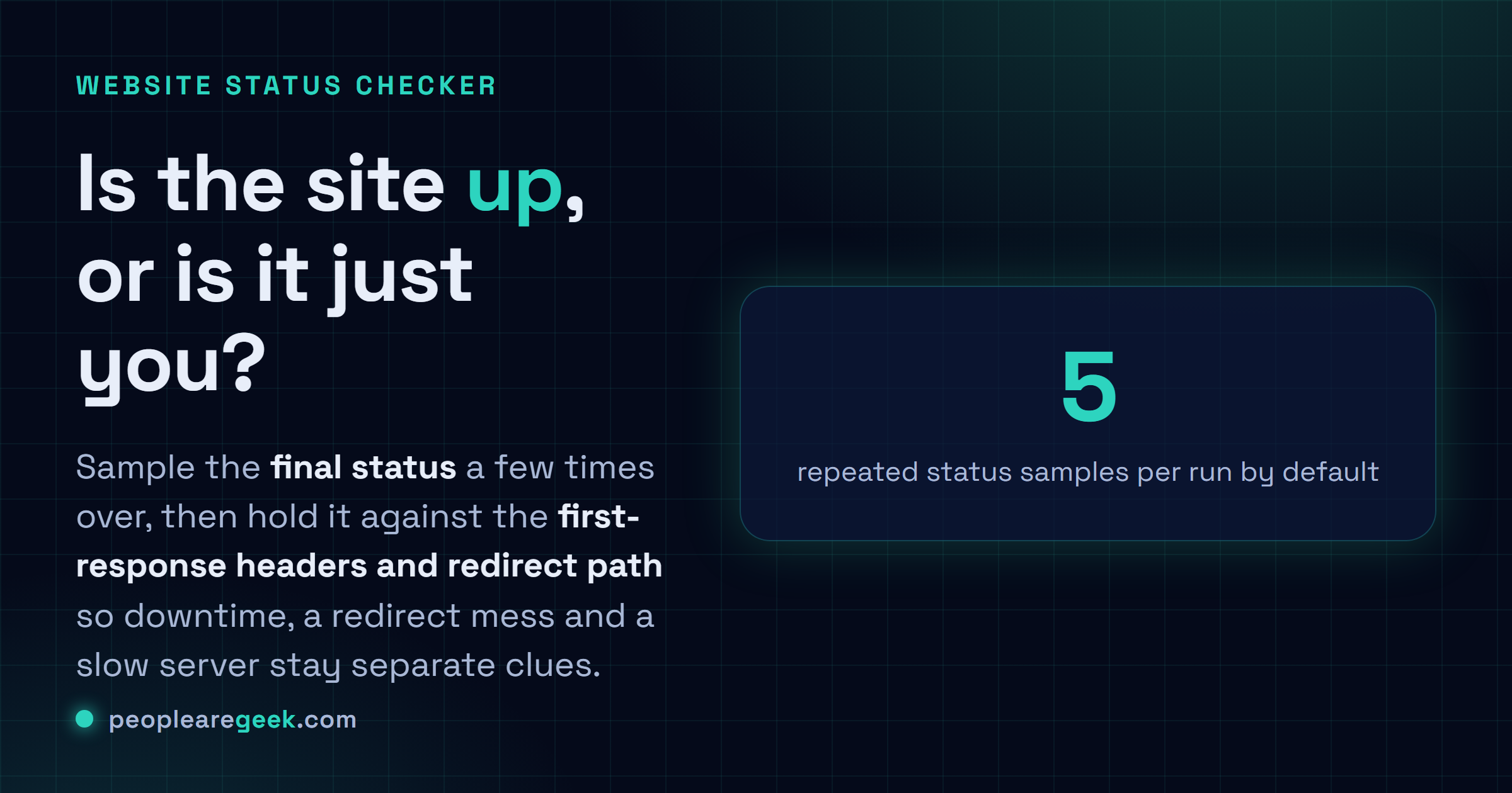 Website Status Checker: Échantillonne le status final d'un site plusieurs fois de suite, compare-le aux headers de première réponse et au chemin de redirection, et lis un rapport de disponibilité.