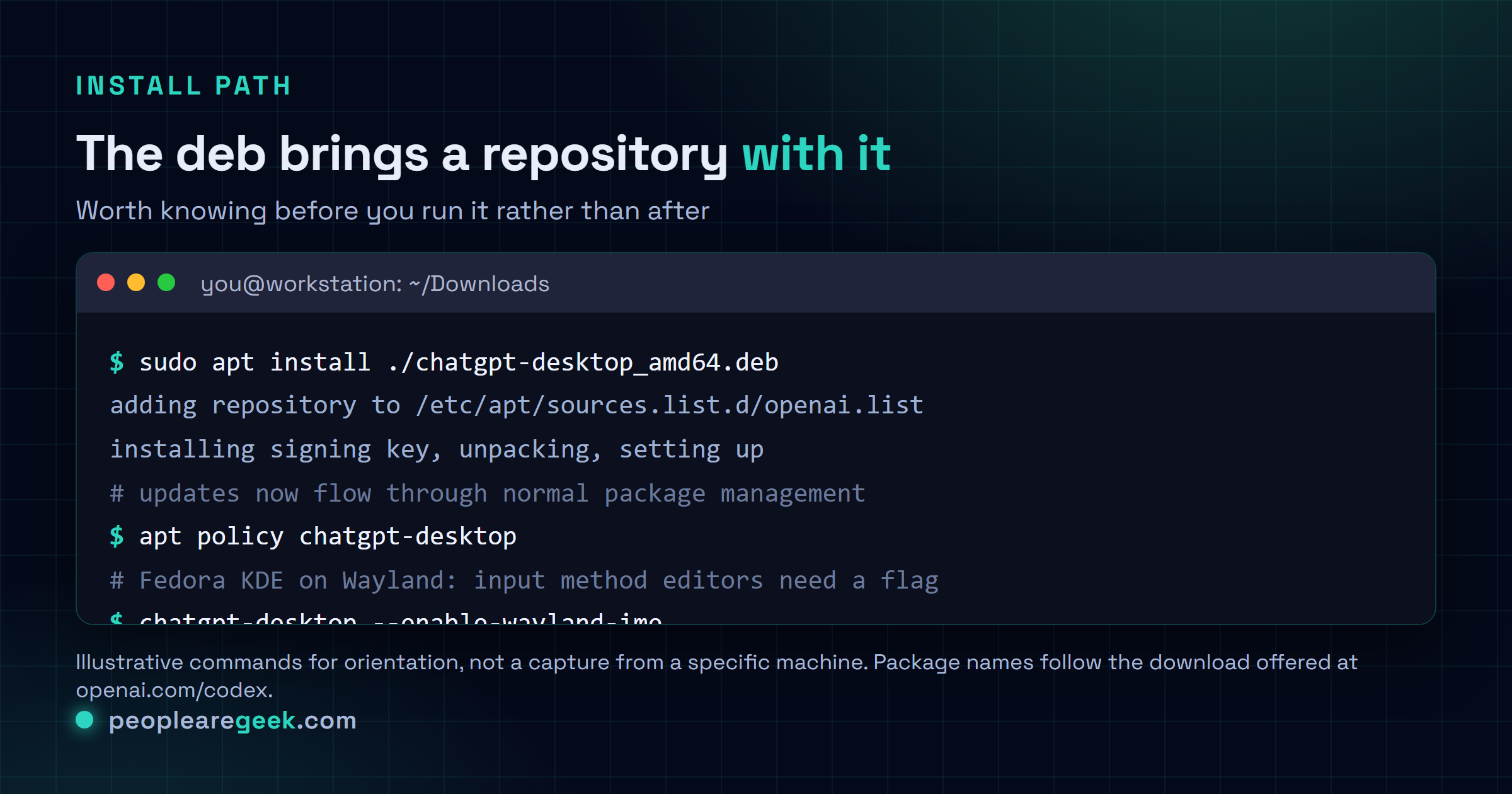 Session terminal installant le paquet deb de l'application ChatGPT avec apt, montrant l'ajout du dépôt OpenAI dans le répertoire des sources, l'installation du paquet, puis un lancement avec l'option enable wayland ime pour la prise en charge des méthodes de saisie sous Wayland.