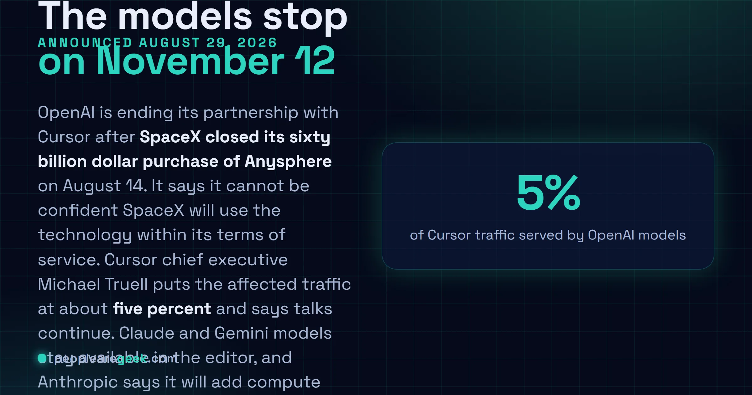 Carte réponse : OpenAI met fin à l'accès direct de Cursor à ses modèles le 12 novembre 2026, en invoquant ses conditions d'utilisation après le rachat par SpaceX, alors que ces modèles portent environ cinq pour cent du trafic de Cursor.