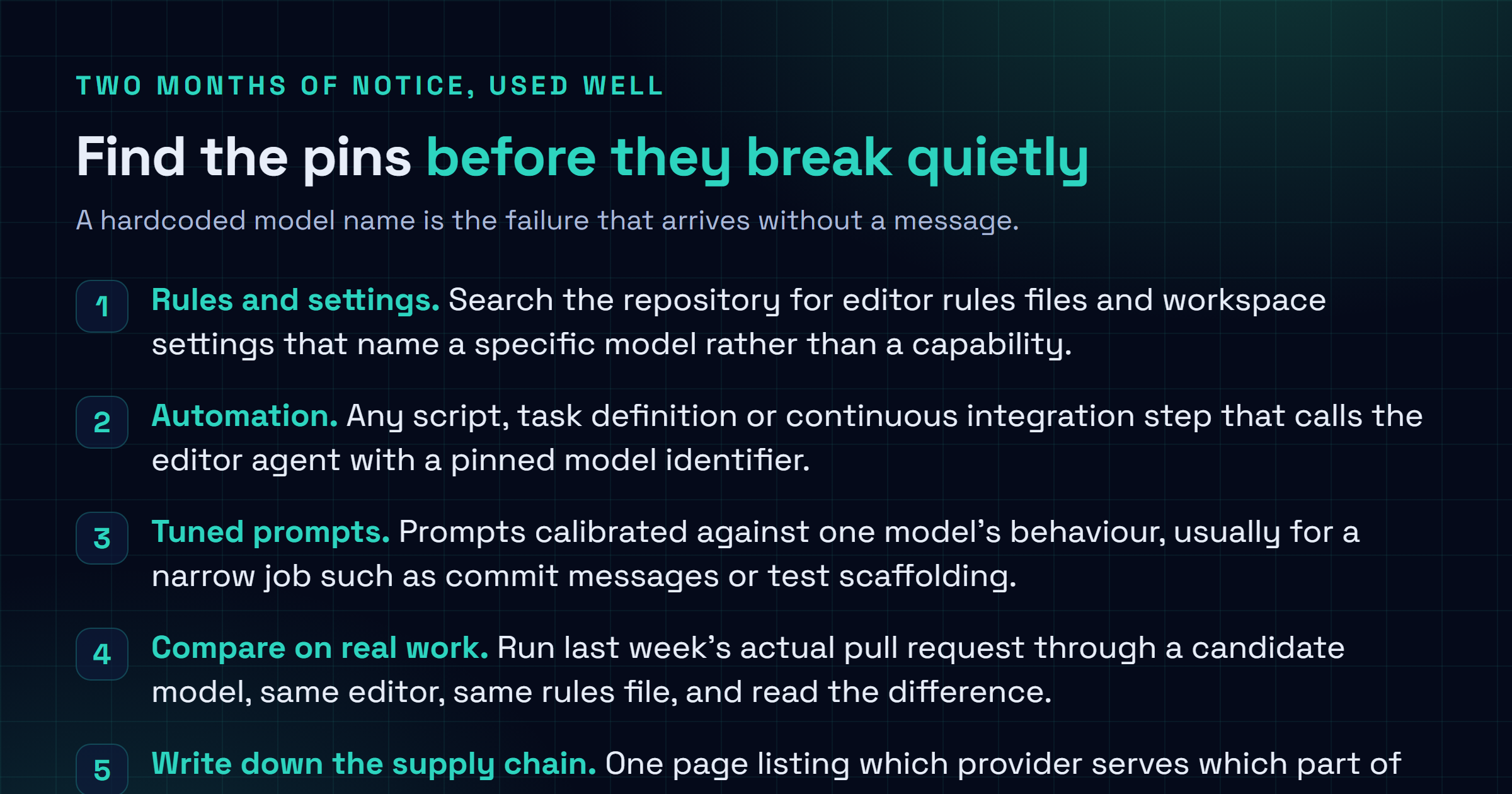 Checklist of what to audit before November 12: rules and settings files that name a model, automation and continuous integration steps that pin a model identifier, prompts tuned to one model's behaviour, billing assumptions, and a written record of which provider each workflow depends on.