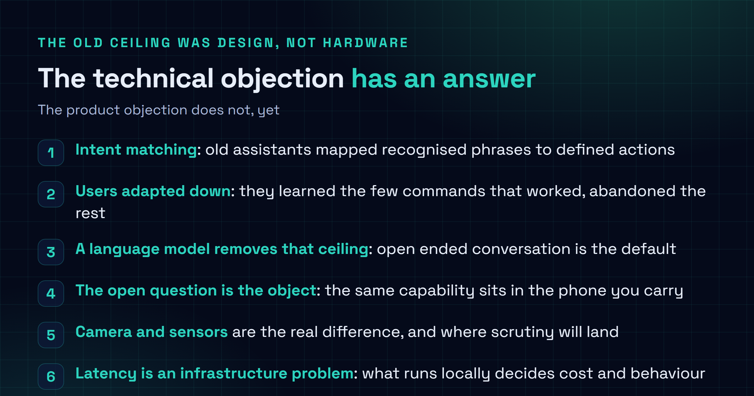 Comparison card contrasting the previous generation of smart speakers built on intent matching, where a recognised phrase mapped to a defined action and users learned a small working vocabulary, against a device built around a current language model where open ended conversation is the default, and noting that the open question is not model capability but whether a dedicated object beats the phone already in the user's pocket.