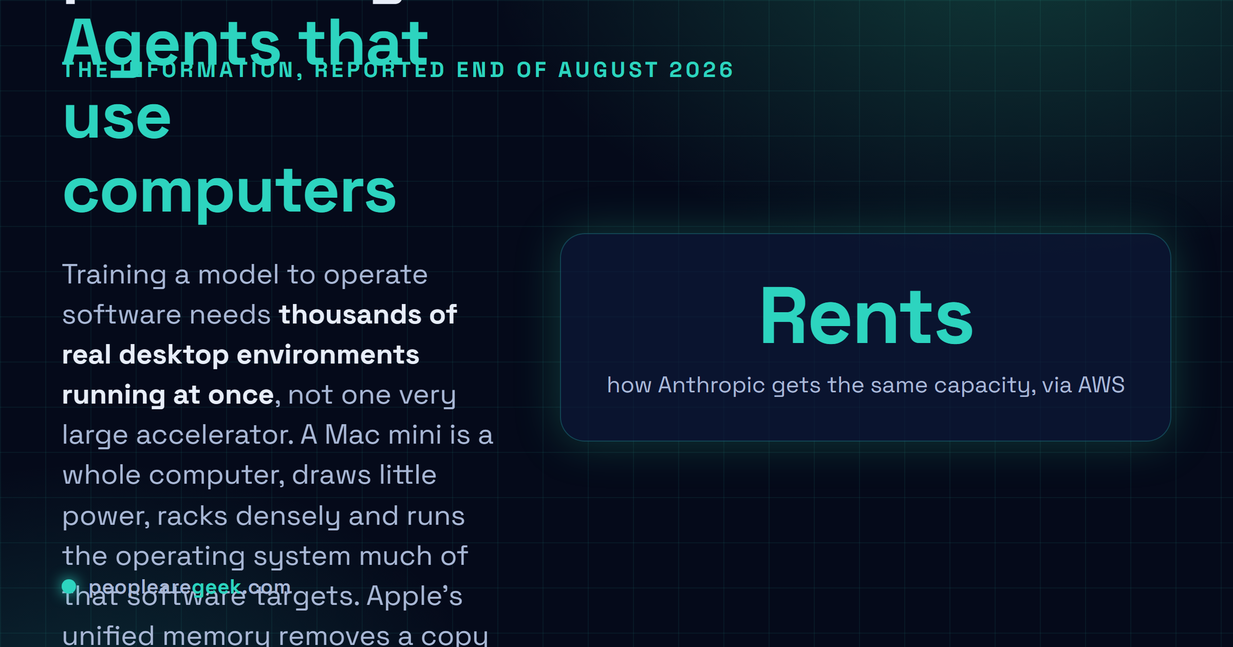 Answer card explaining why OpenAI bought tens of thousands of Mac minis and Mac Studios: reinforcement learning on computer use agents, unified memory, and a desktop class machine per environment.