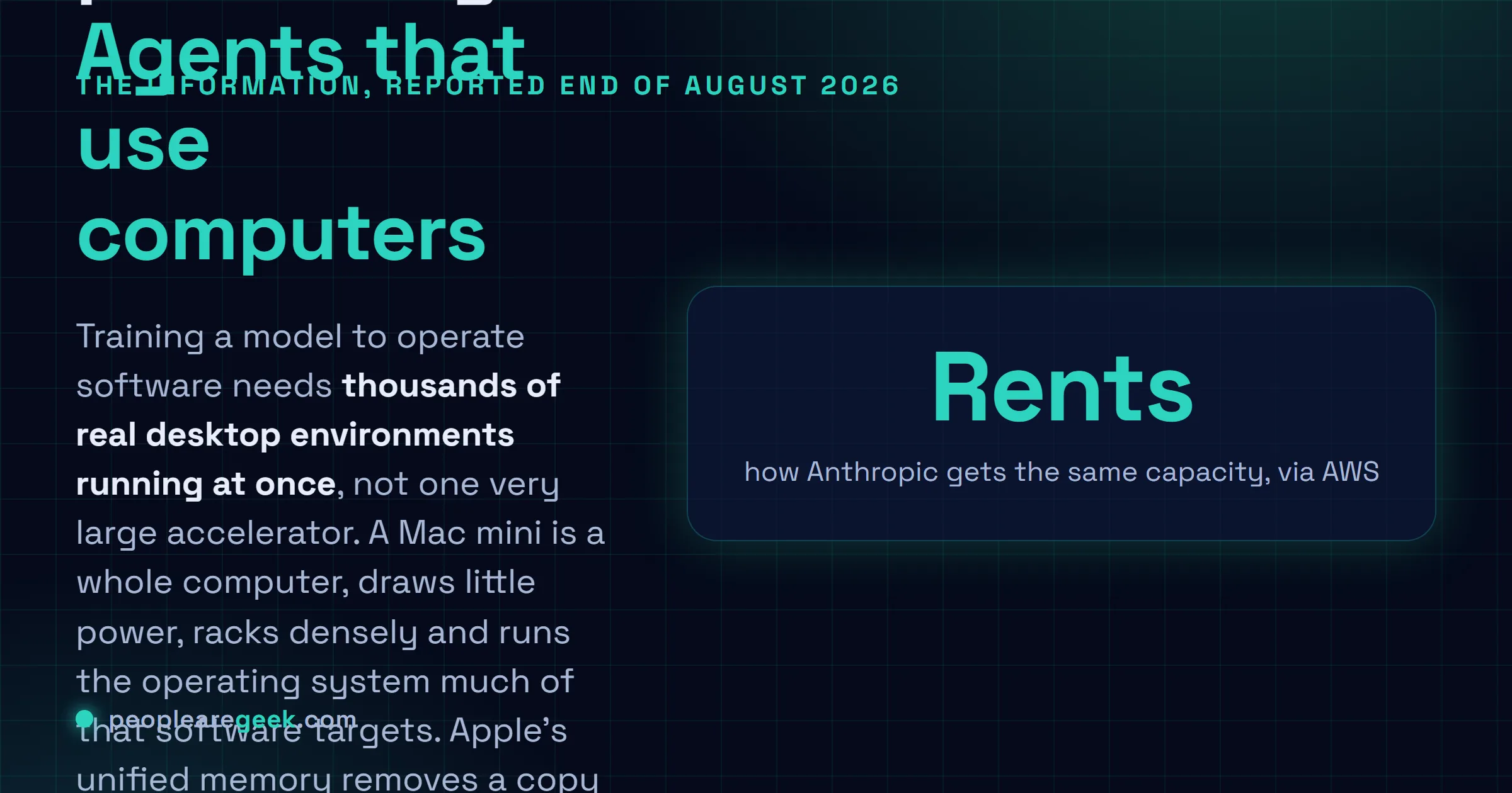 Carte expliquant pourquoi OpenAI a acheté des dizaines de milliers de Mac mini et Mac Studio : apprentissage par renforcement sur des agents pilotant un ordinateur, mémoire unifiée, et une machine de bureau par environnement.