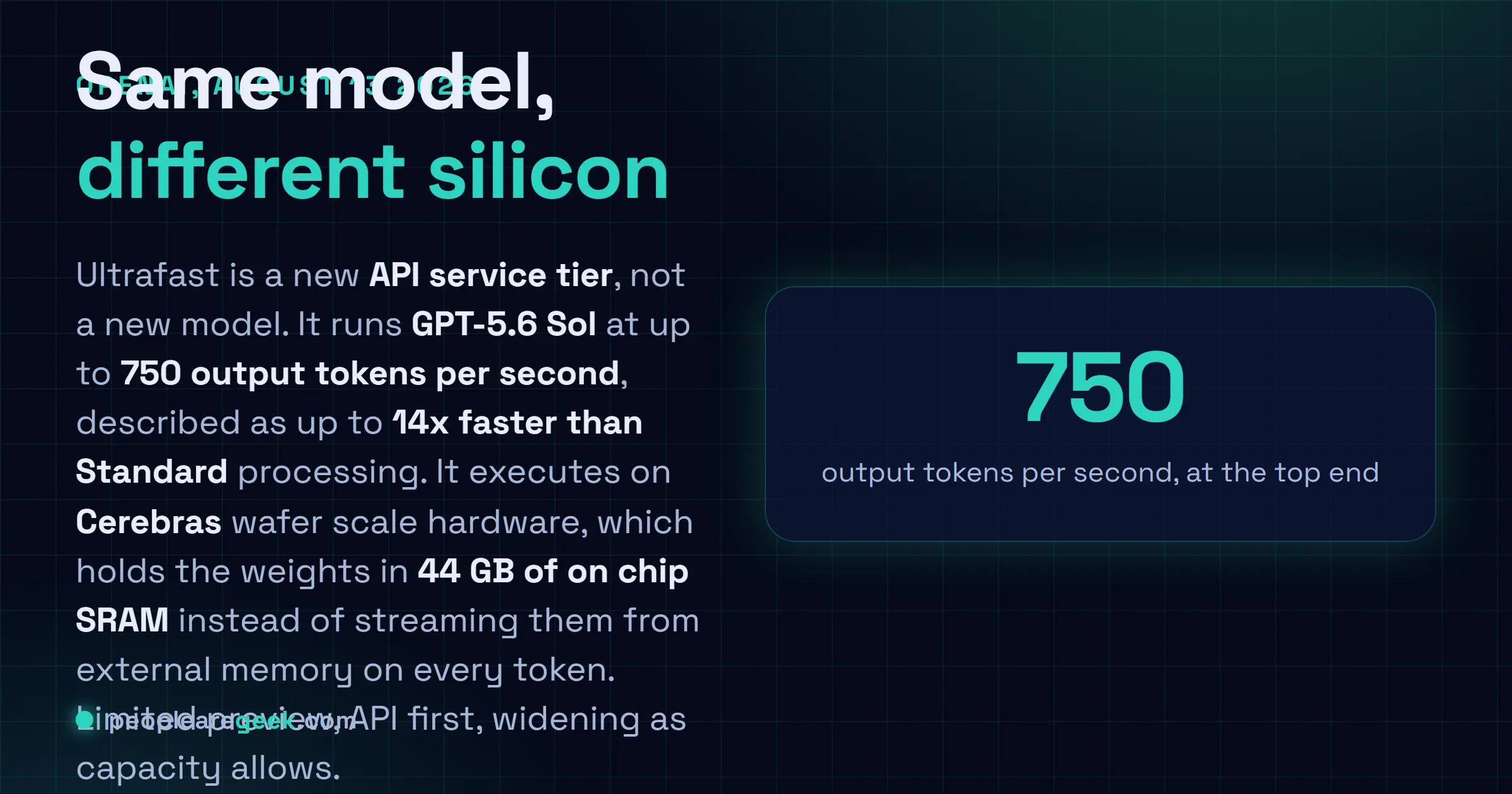 Carte réponse décrivant le niveau de service Ultrafast présenté par OpenAI le 13 août 2026, qui exécute GPT-5.6 Sol sur du matériel Cerebras à l'échelle du wafer jusqu'à 750 jetons de sortie par seconde, soit jusqu'à 14 fois plus vite que le traitement standard, en aperçu limité dans l'API OpenAI.