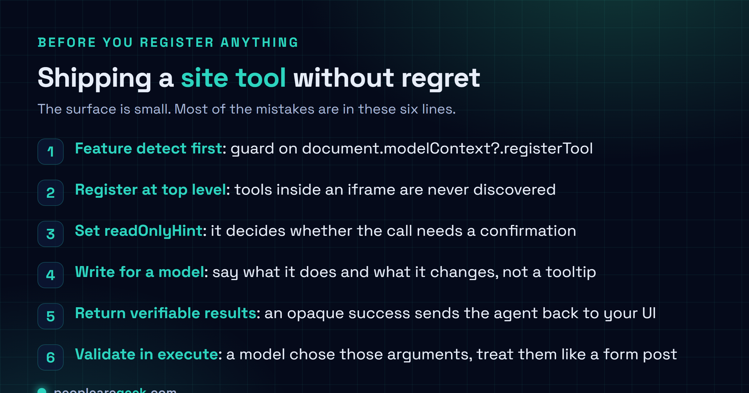 Checklist card for shipping WebMCP site tools: feature detect document.modelContext before registering, register from the top level document because iframes are not discovered, mark read only tools with readOnlyHint, write descriptions for a model rather than a person, return verifiable results, and validate incoming arguments in execute.