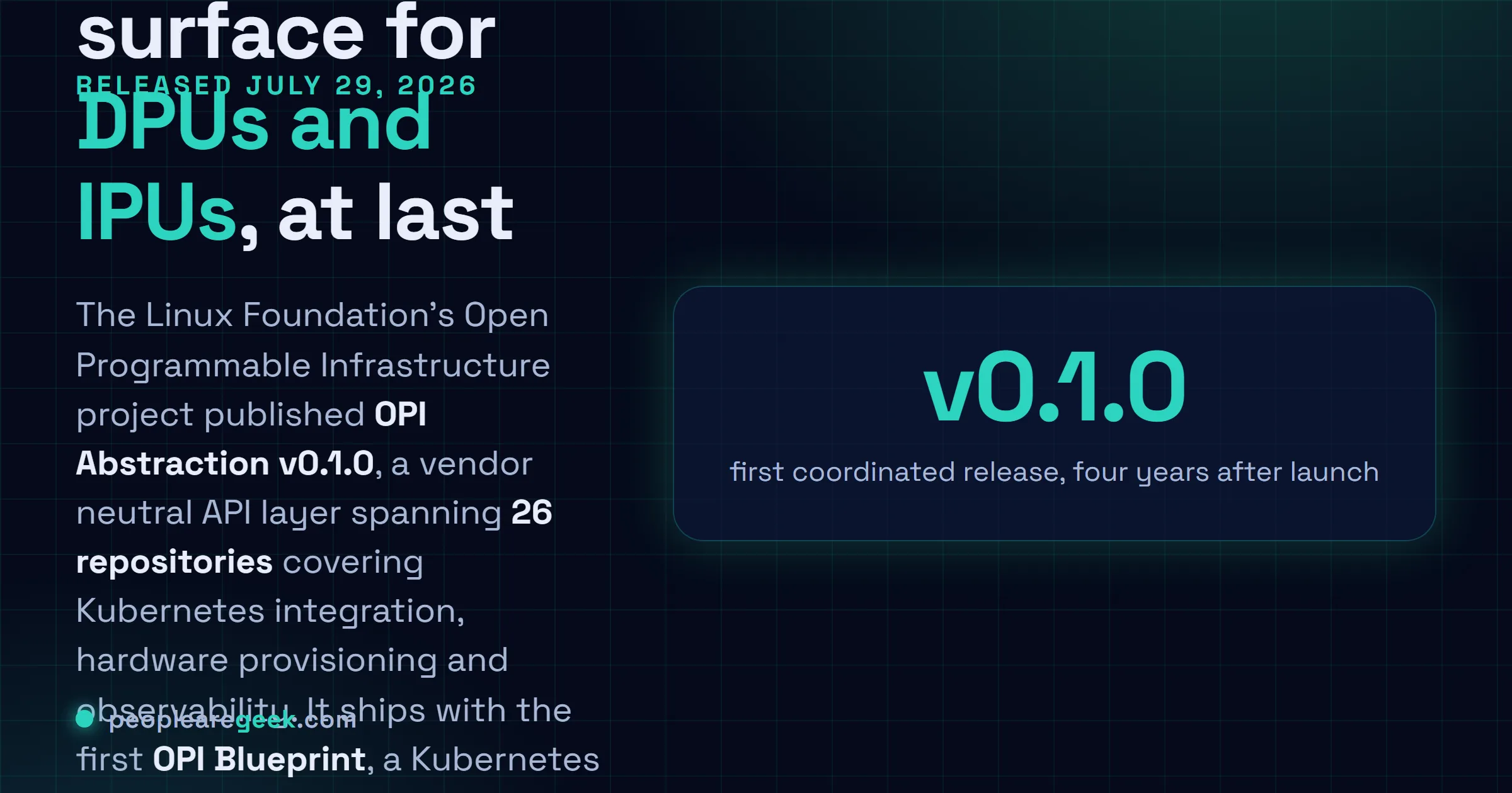 Carte réponse : le projet Open Programmable Infrastructure de la Linux Foundation a publié OPI Abstraction v0.1.0 le 29 juillet 2026, une couche d'API neutre répartie sur 26 dépôts couvrant l'intégration Kubernetes, le provisionnement et l'observabilité, plus un blueprint de déport de fonction réseau Kubernetes bâti avec F5 NGINX, Intel et Red Hat.