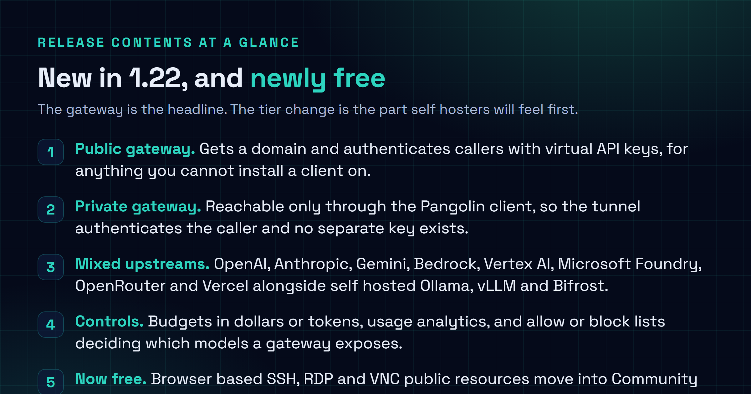 Checklist of Pangolin 1.22 changes: AI gateway resources in public and private form, eight hosted providers plus Ollama, vLLM and Bifrost, budgets in dollars or tokens, allow and block lists per model, browser based SSH, RDP and VNC in Community Edition, private SSH and HTTPS resources, certificate validity status, and alert rule test notifications.