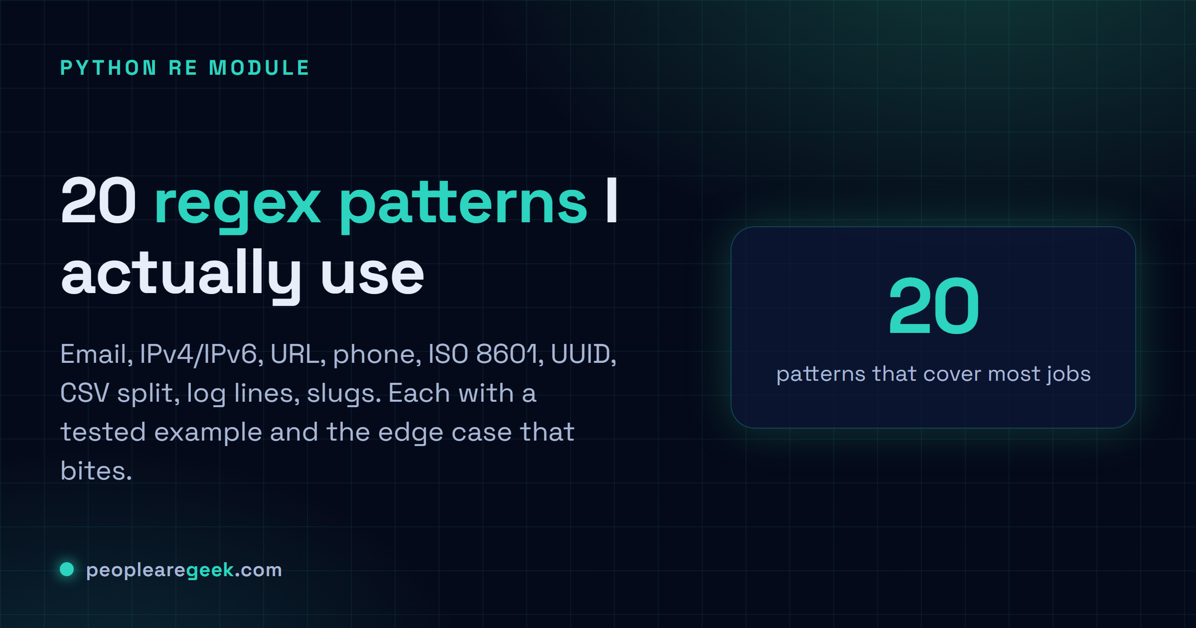 Carte réponse listant une cheatsheet Python regex de 20 patterns re testés, chacun avec son edge case.