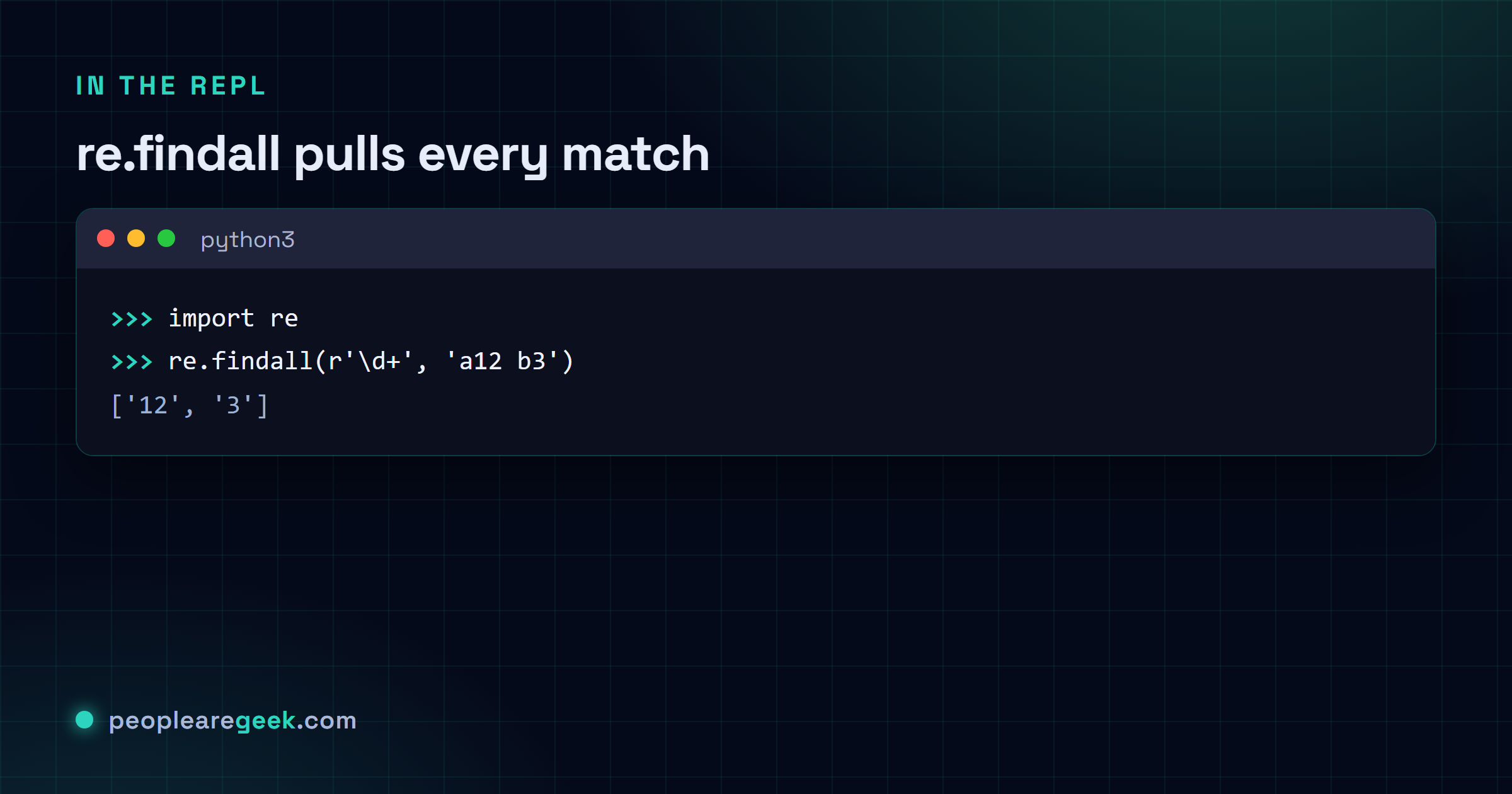 REPL Python montrant import re et re.findall extrayant des groupes de chiffres d'une chaîne.