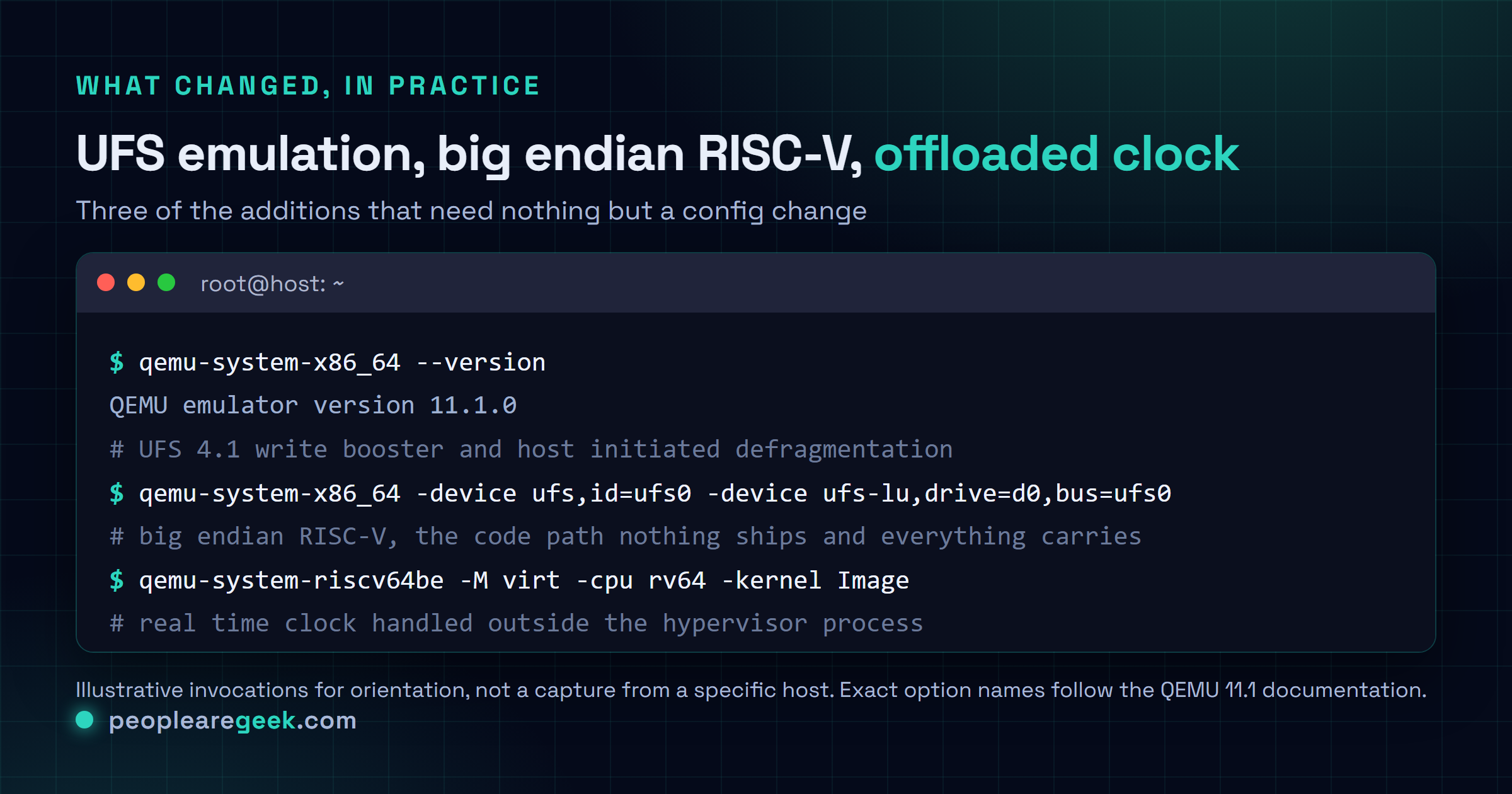 Session terminal montrant qemu-system-x86_64 rapportant la version 11.1.0, un appel qemu-system-riscv64 avec l'option de machine gros-boutiste, un périphérique UFS ajouté avec la propriété write booster, et une ligne de périphérique vhost-user-rtc-pci.