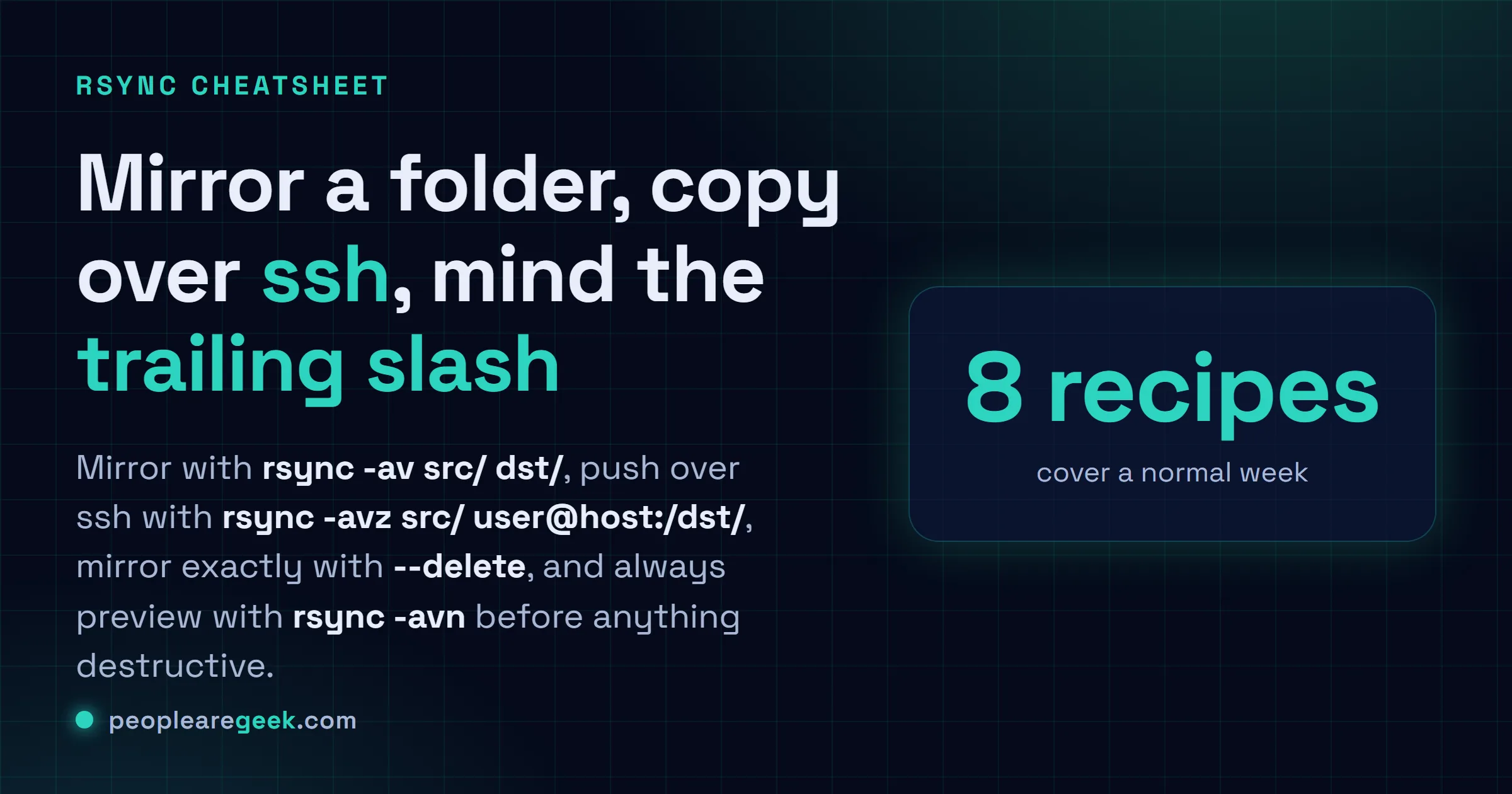 Fiche réponse de l'antisèche rsync : copier un dossier avec rsync -av, copier via ssh avec rsync -avz, miroir exact avec --delete, prévisualiser avec une simulation, reprendre avec -avP, et le piège du slash final.