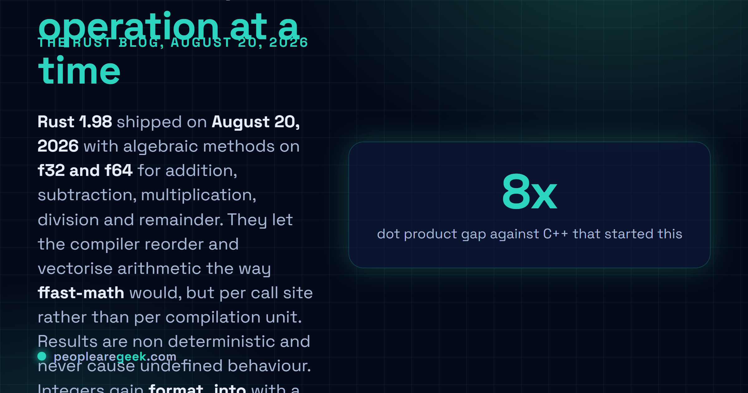 Answer card: Rust 1.98 was released on August 20 2026 with algebraic addition, subtraction, multiplication, division and remainder methods on f32 and f64 that allow fast math style reordering and vectorisation per operation, plus a format_into method using NumBuffer for allocation free integer formatting.