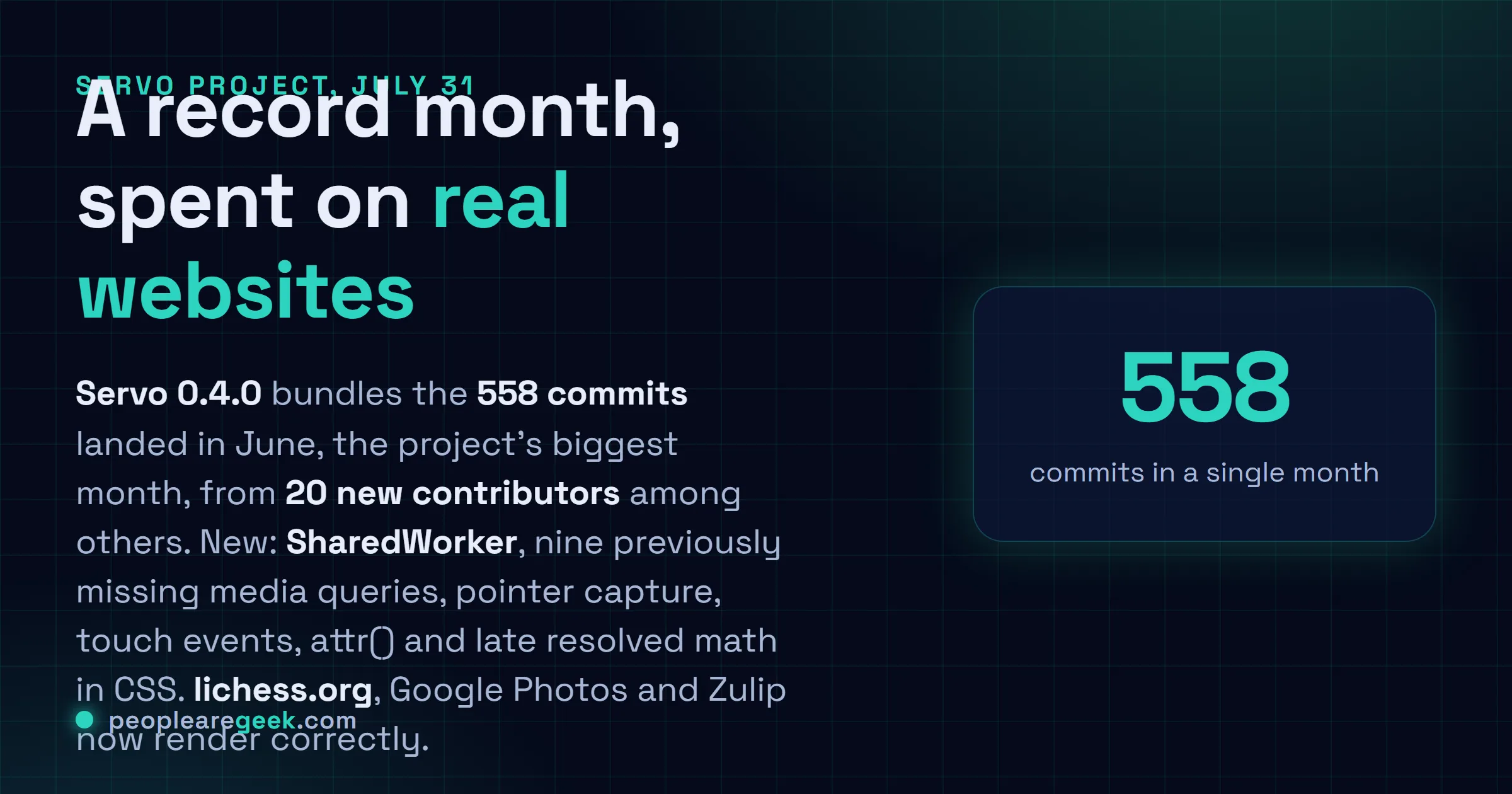 Carte réponse : Servo 0.4.0 est sorti le trente et un juillet 2026 avec un record de 558 commits et 20 nouveaux contributeurs, ajoutant SharedWorker, neuf media queries, la capture de pointeur et les événements tactiles, avec lichess.org, Google Photos et Zulip qui s'affichent correctement.