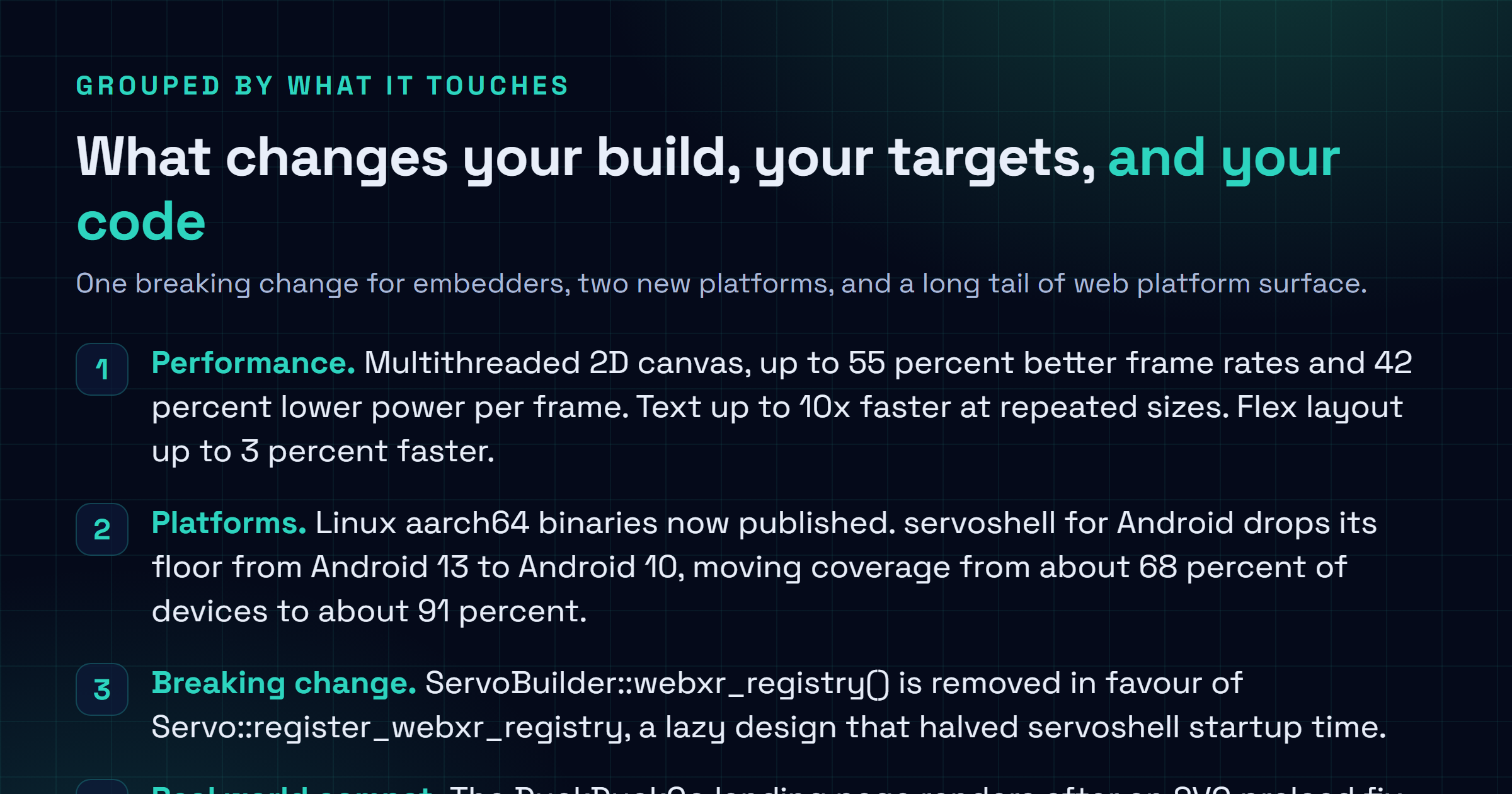 Checklist of Servo 0.5.0 changes: multithreaded canvas, faster text rendering, Linux aarch64 binaries, Android 10 support, the webxr_registry breaking change, visible DOM text selections, new CSS and DOM features, and WebVTT parsing without rendering.