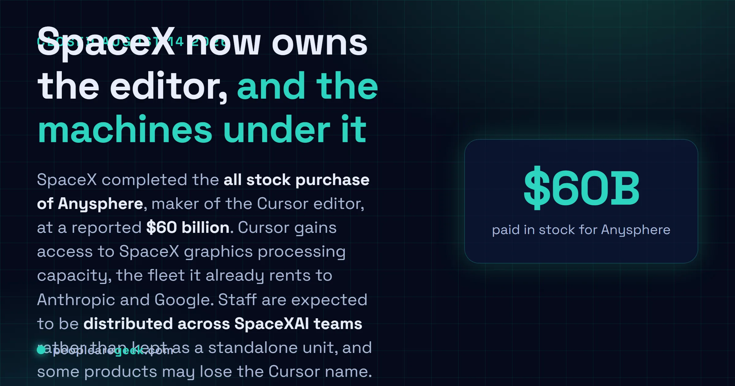 Answer card: SpaceX closed its sixty billion dollar all stock acquisition of Anysphere, the maker of Cursor, on August 14, 2026, giving the editor access to SpaceX GPU capacity while its staff are distributed across SpaceXAI teams rather than kept as a standalone unit.