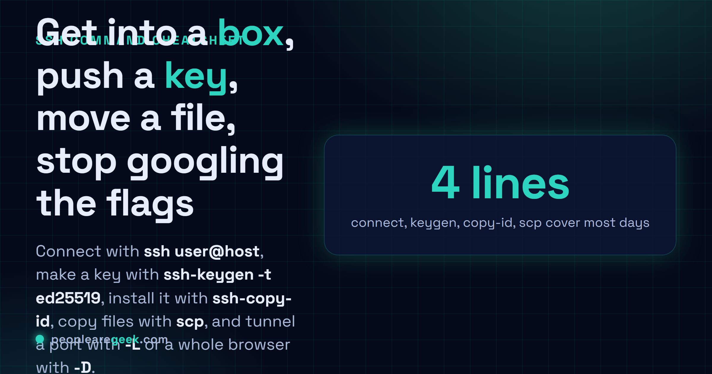 Fiche réponse : se connecter avec ssh user@host, créer une clé ed25519, l'envoyer avec ssh-copy-id, copier des fichiers avec scp, et rediriger avec -L et -D.