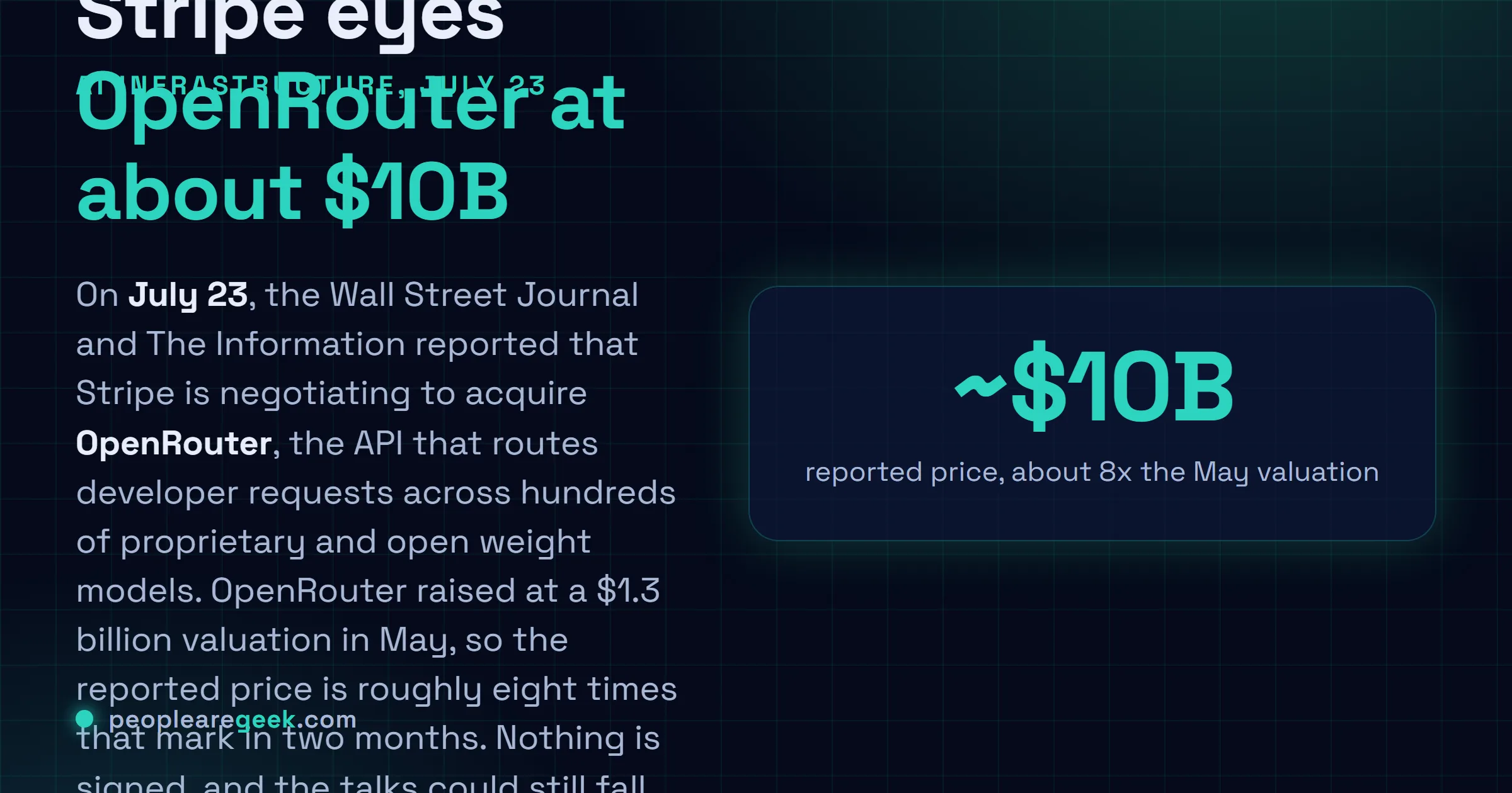 Carte réponse : le vingt trois juillet, la presse a rapporté que Stripe négocie le rachat d'OpenRouter pour près de 10 milliards de dollars, soit environ huit fois la valorisation de 1,3 milliard fixée en mai, sans accord signé et avec des discussions qui peuvent encore échouer.